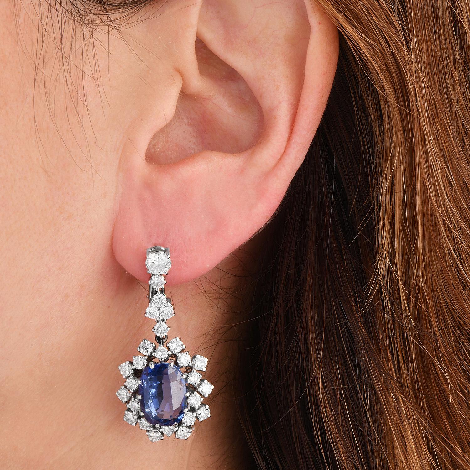 Rétro 1960 Sri Lanka GIA No Heat Sapphire (Saphir sans chaleur)  Boucles d'oreilles pendantes en diamant de 15,86cts en vente