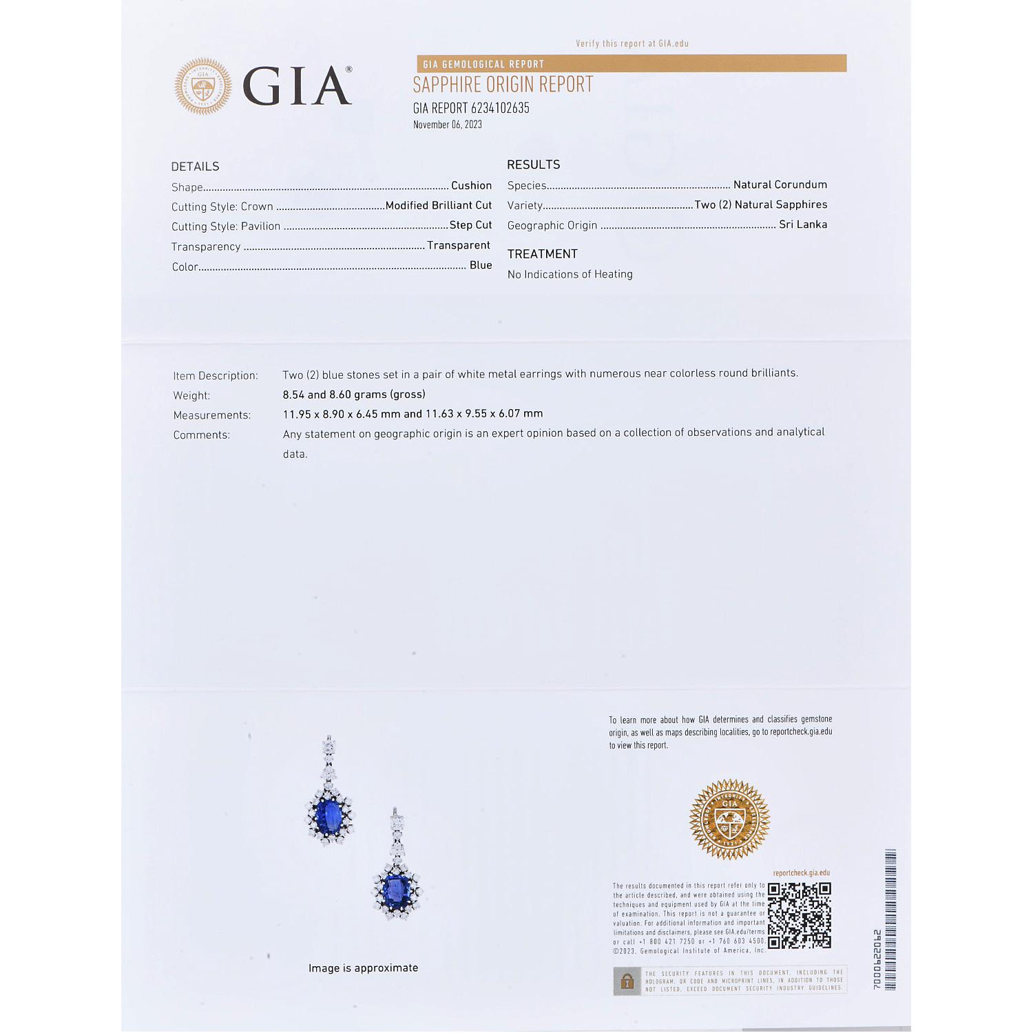 Taille ovale 1960 Sri Lanka GIA No Heat Sapphire (Saphir sans chaleur)  Boucles d'oreilles pendantes en diamant de 15,86cts en vente