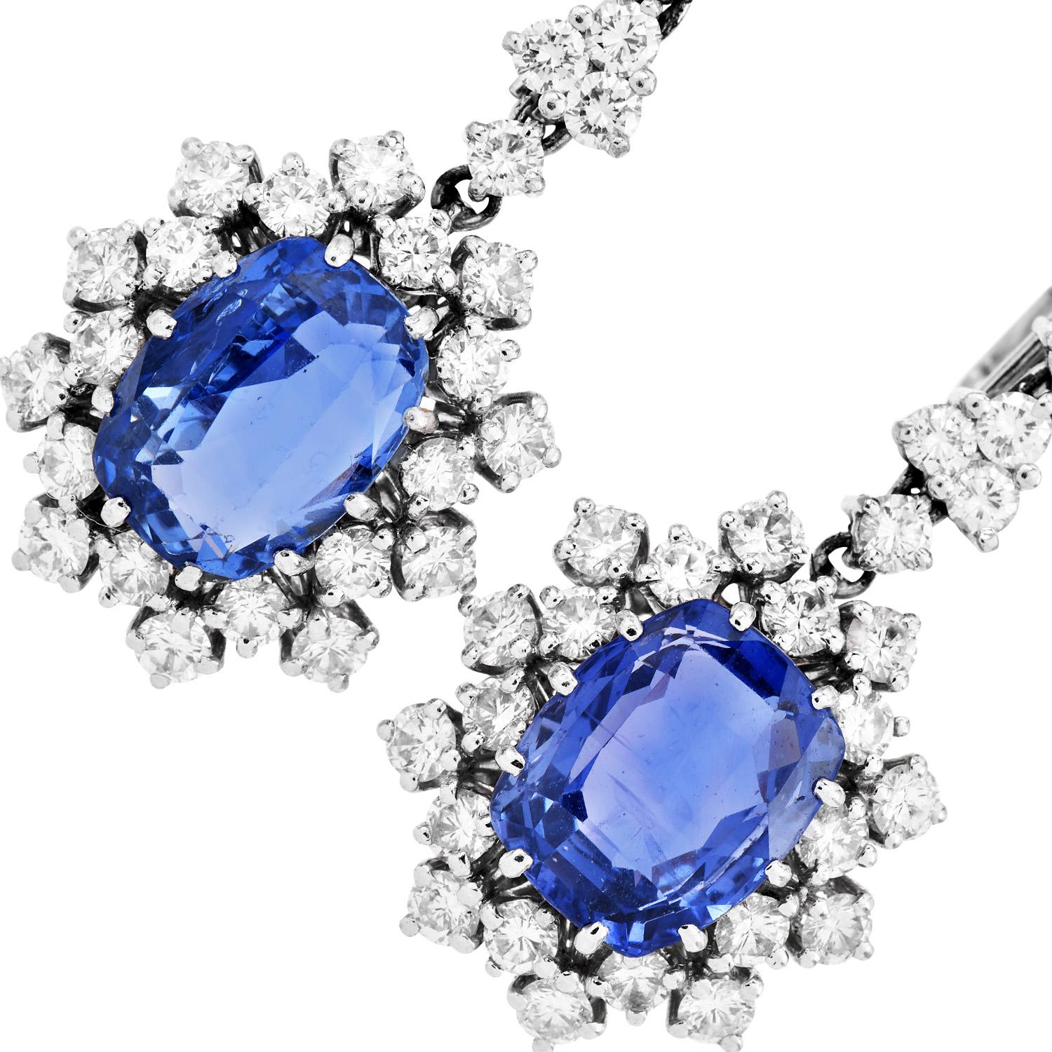 1960s Sri Lanka GIA No Heat Sapphire  15.86cts Diamond Drop Earrings In Excellent Condition For Sale In Miami, FL