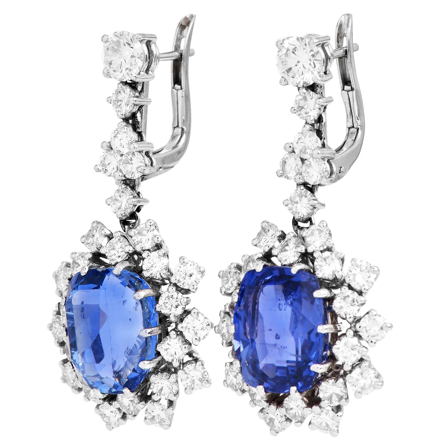 Women's 1960s Sri Lanka GIA No Heat Sapphire  15.86cts Diamond Drop Earrings For Sale