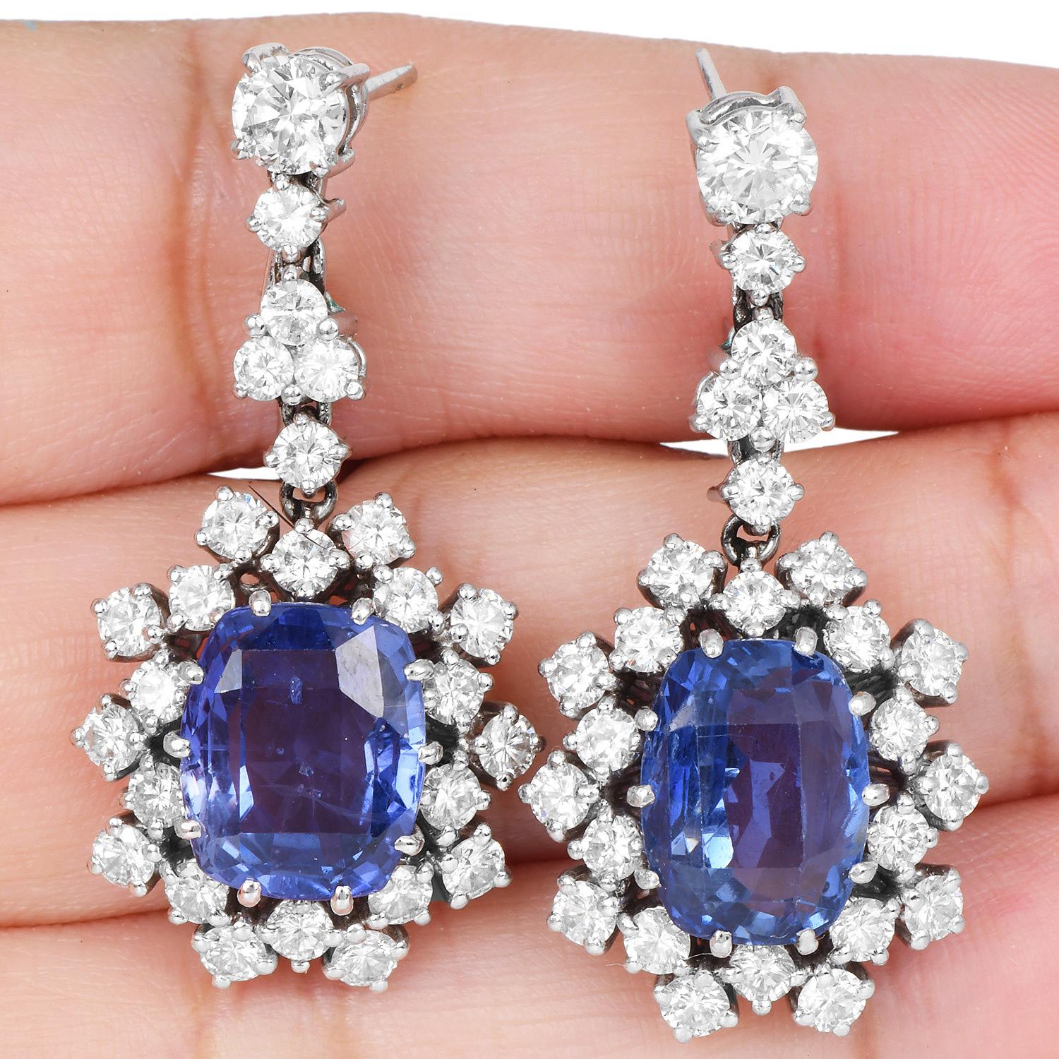 1960s Sri Lanka GIA No Heat Sapphire  15.86cts Diamond Drop Earrings For Sale 2