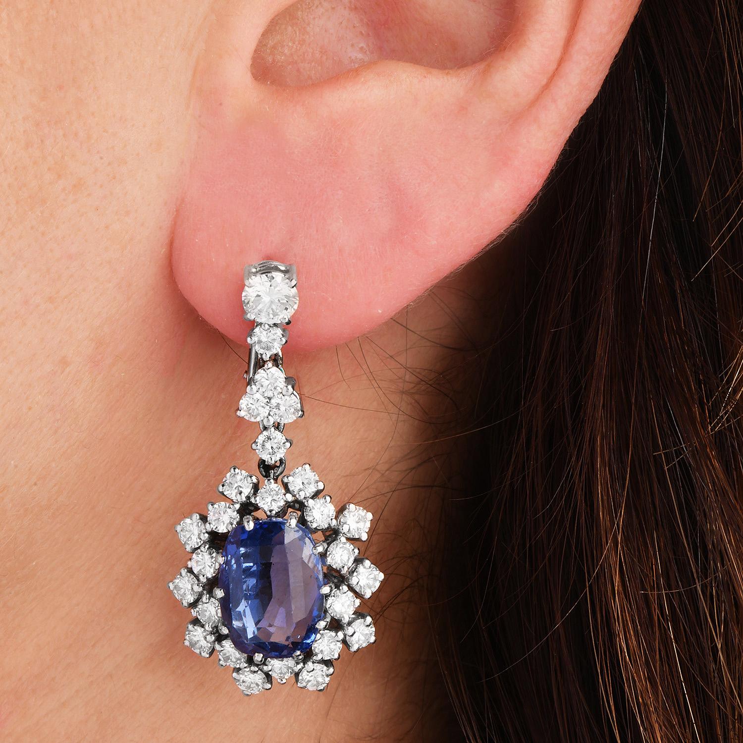 1960s Sri Lanka GIA No Heat Sapphire  15.86cts Diamond Drop Earrings For Sale 3