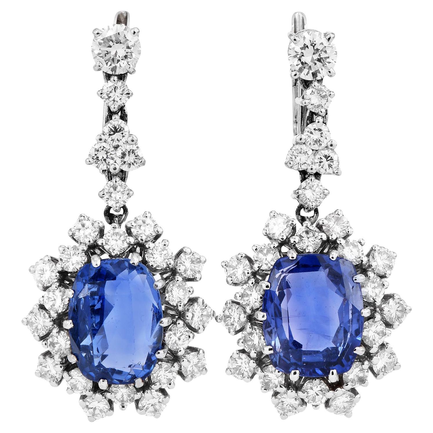 1960s Sri Lanka GIA No Heat Sapphire  15.86cts Diamond Drop Earrings