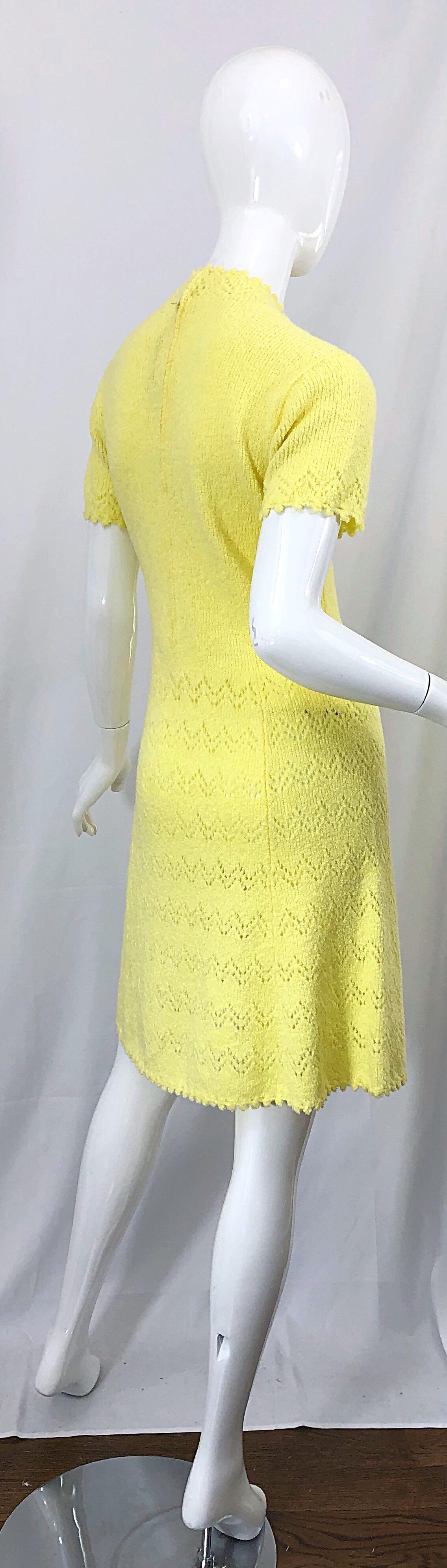 1960s St John Canary Yellow Santana Knit Mod Crochet Vintage A Line 60s Dress For Sale 5