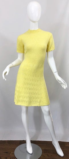 1960s St John Canary Yellow Santana Knit Mod Crochet Vintage A Line 60s Dress