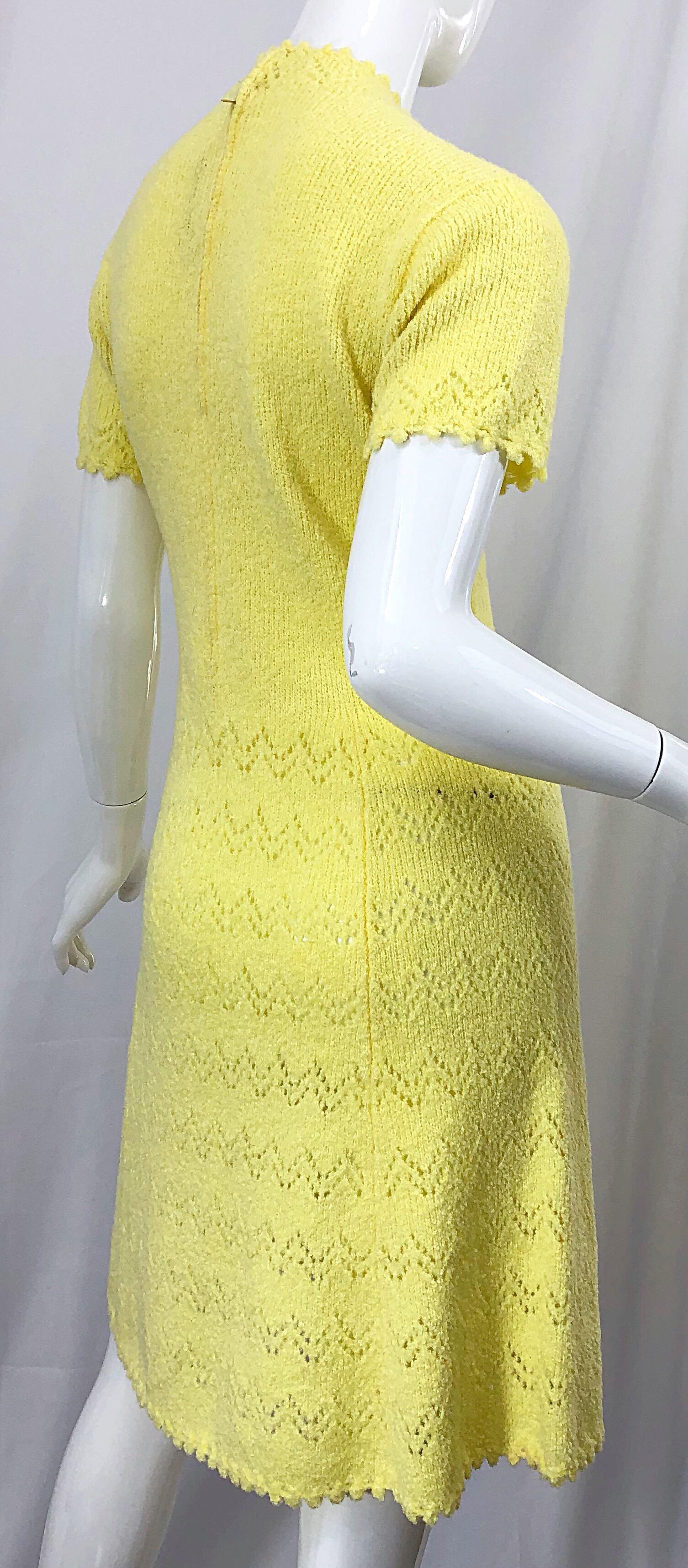 Women's 1960s St John Canary Yellow Santana Knit Mod Crochet Vintage A Line 60s Dress