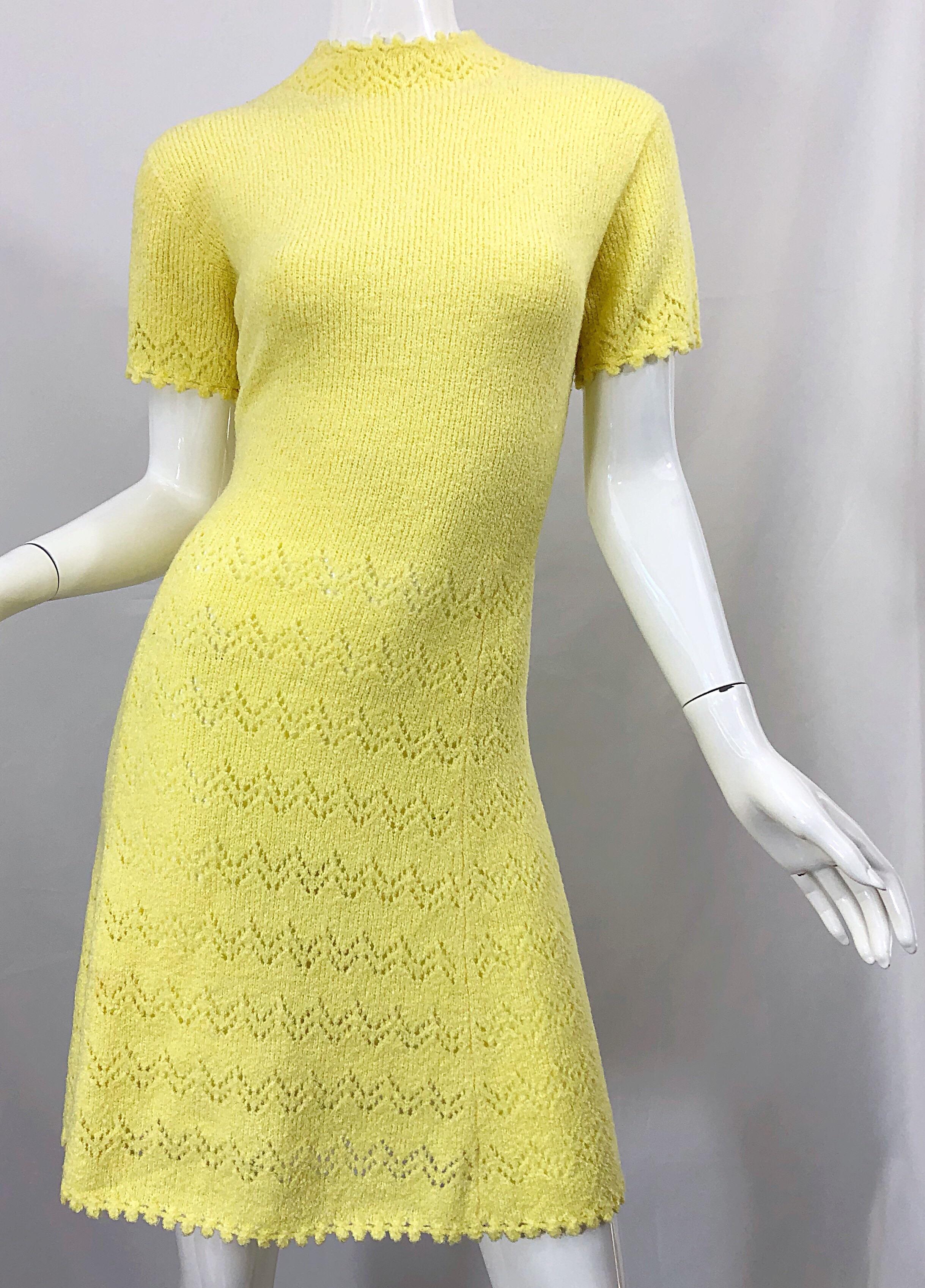 1960s St John Canary Yellow Santana Knit Mod Crochet Vintage A Line 60s Dress For Sale 1