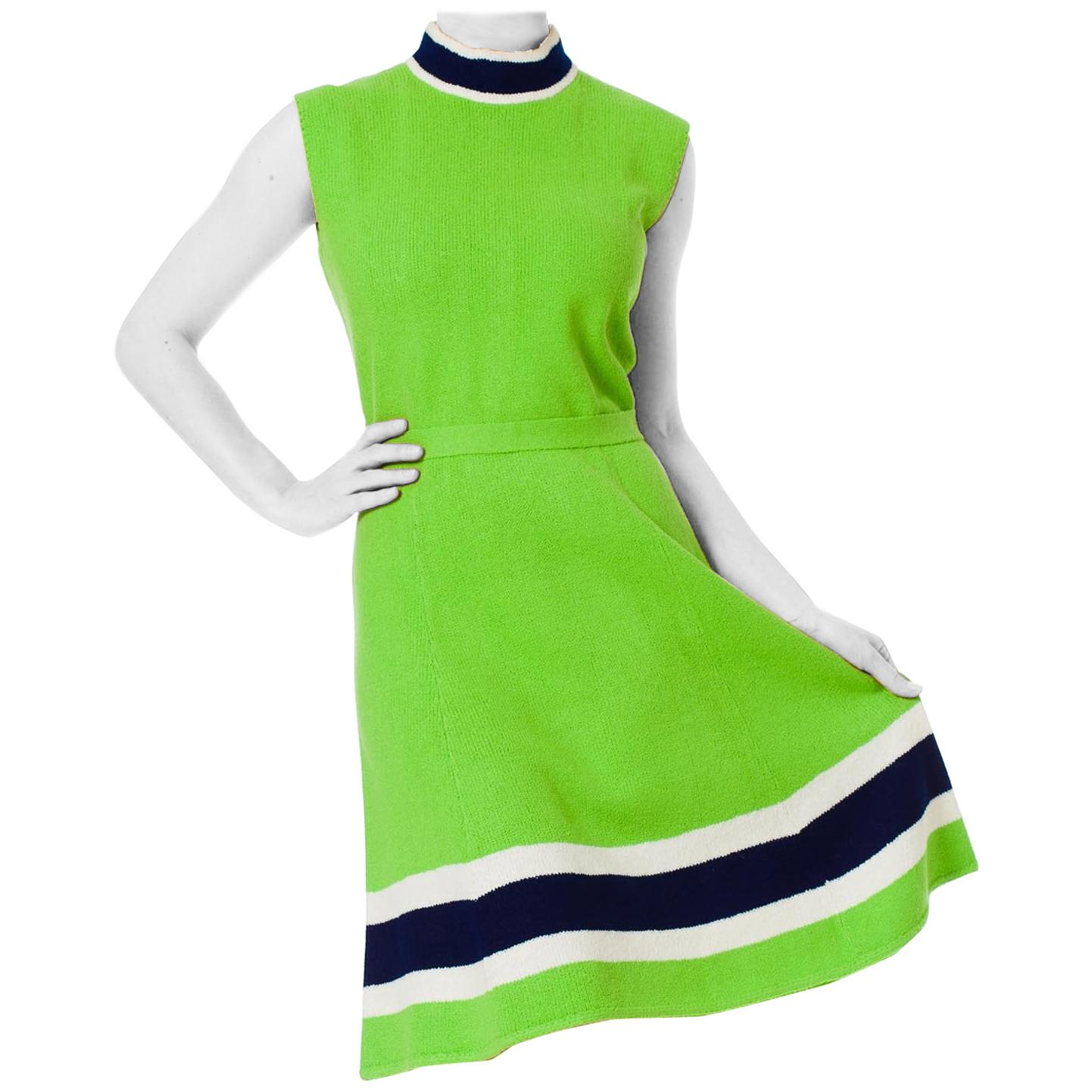 1960S ST JOHN Knit Mod Sleeveless Green Midi Dress