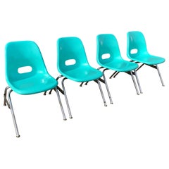 1960s Stacking Turquoise Fiberglass Krueger Metal Products Chairs, Set of 4