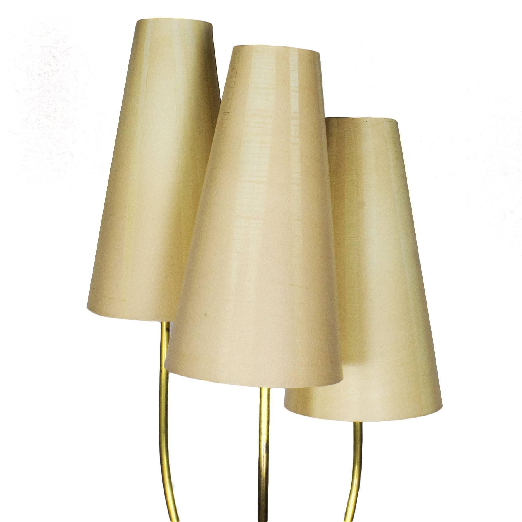 Mid-Century Modern 1960s Standing Lamp, Three Laminated Paper Lampshades, Steel, Brass, France