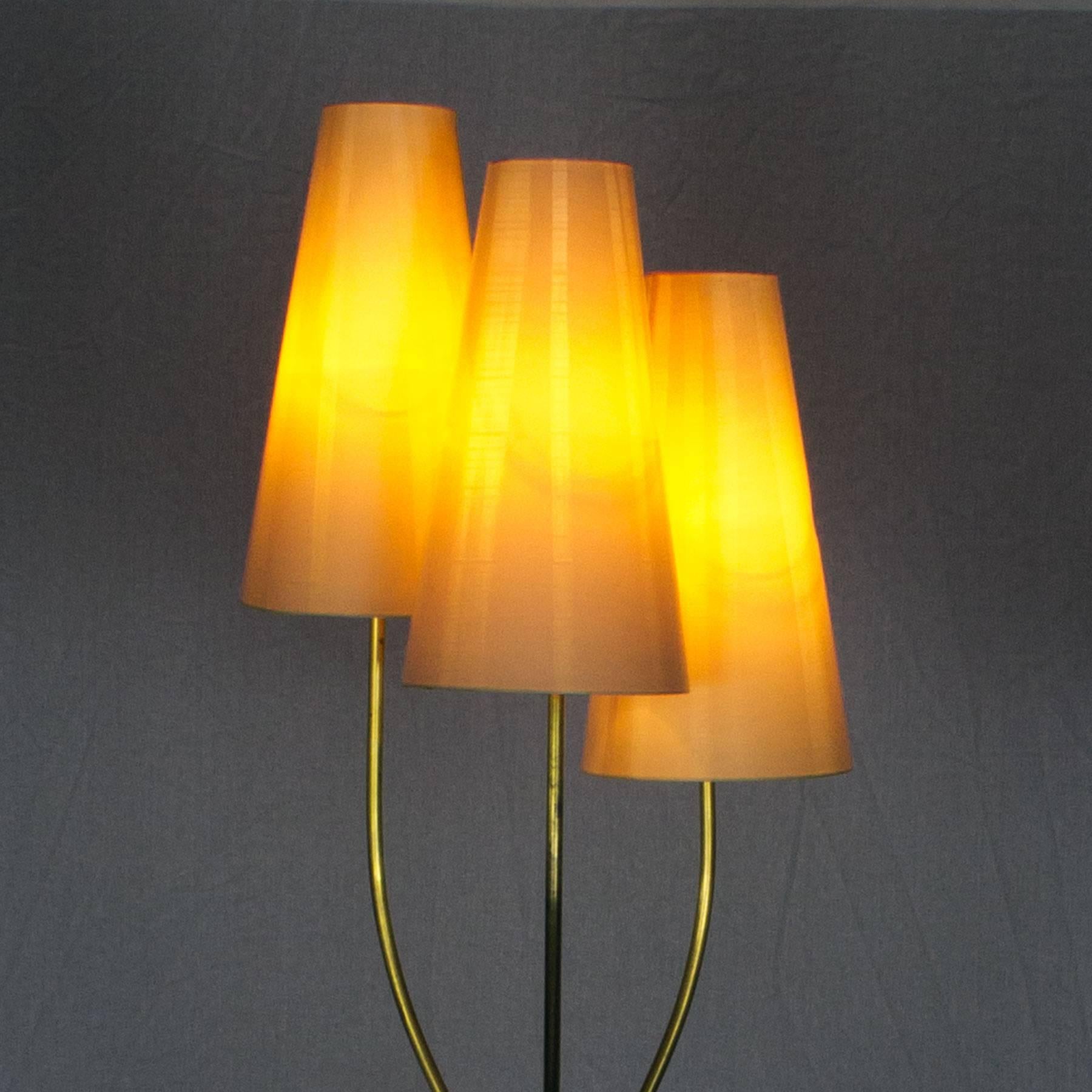 Mid-20th Century 1960s Standing Lamp, Three Laminated Paper Lampshades, Steel, Brass, France