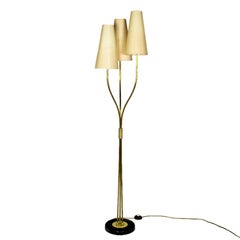 1960s Standing Lamp, Three Laminated Paper Lampshades, Steel, Brass, France