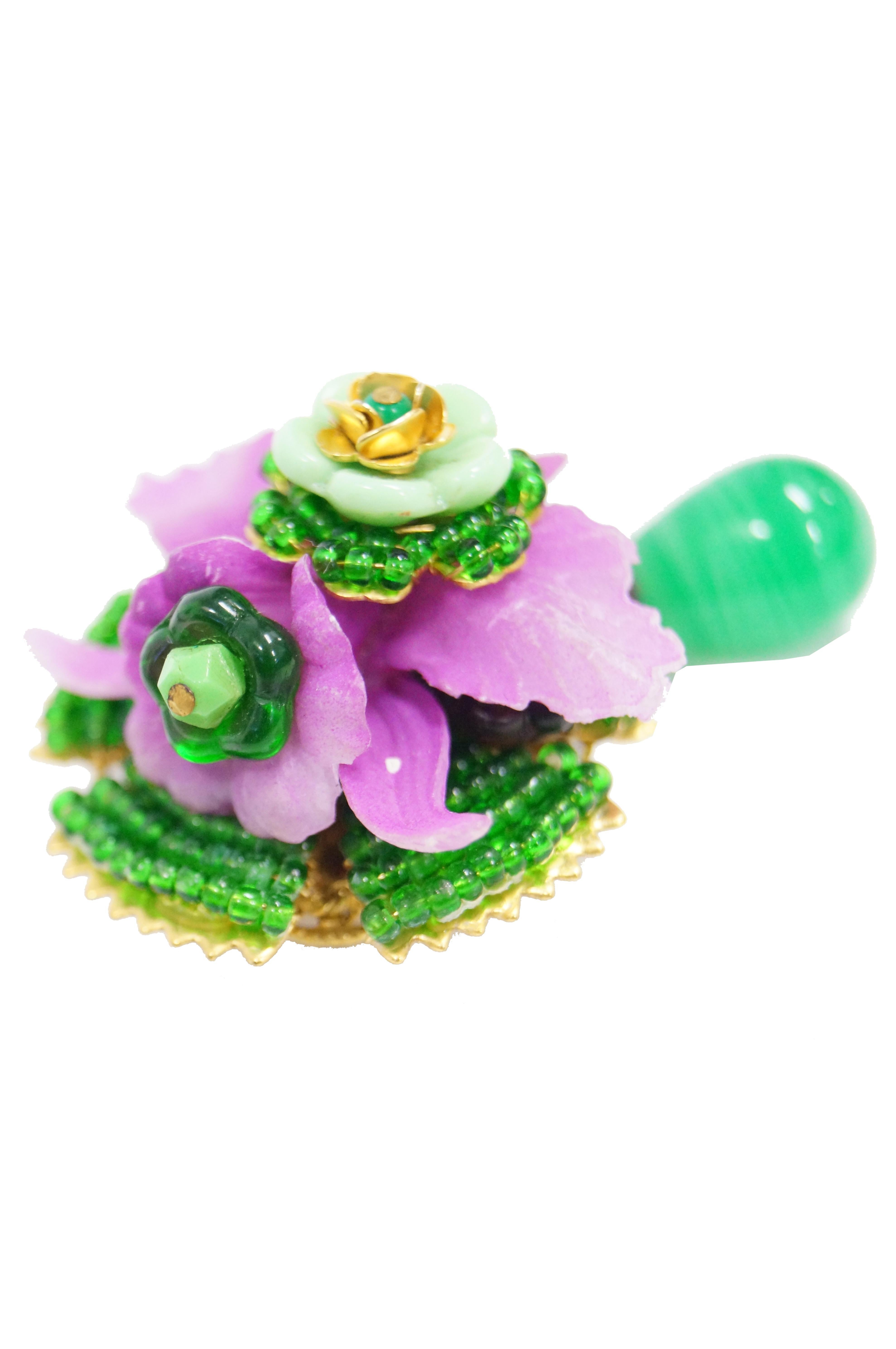 1960s Stanley Hagler Pink and Green Poured Glass Floral Dangle Brooch  In Excellent Condition In Houston, TX