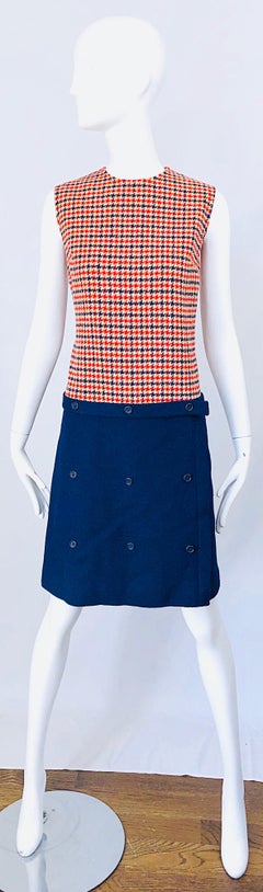 1960s Stanley Wyllins Navy Blue and Red Checkered Vintage 60s Wool Shift Dress