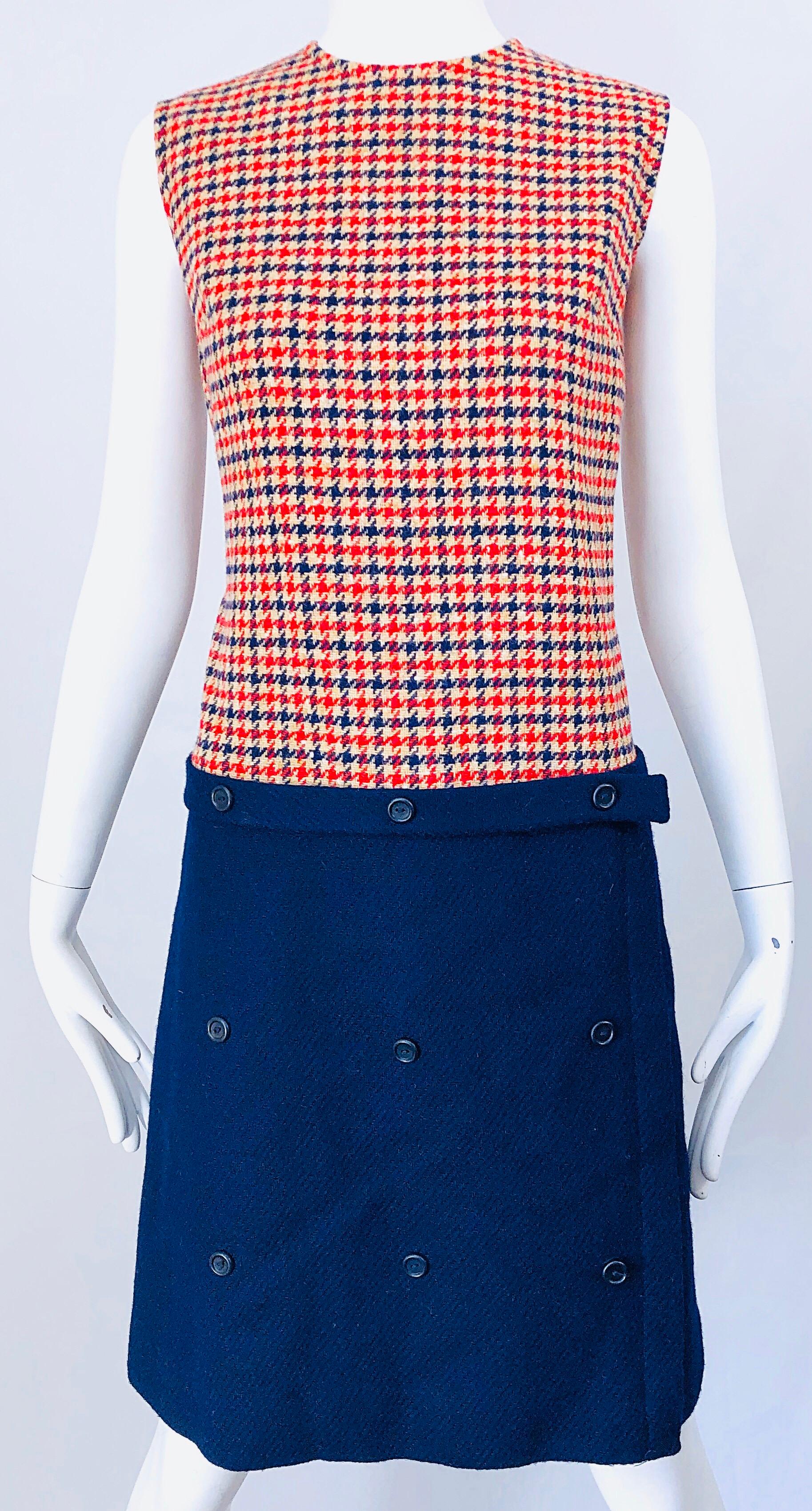 Pink 1960s Stanley Wyllins Navy Blue and Red Checkered Vintage 60s Wool Shift Dress For Sale