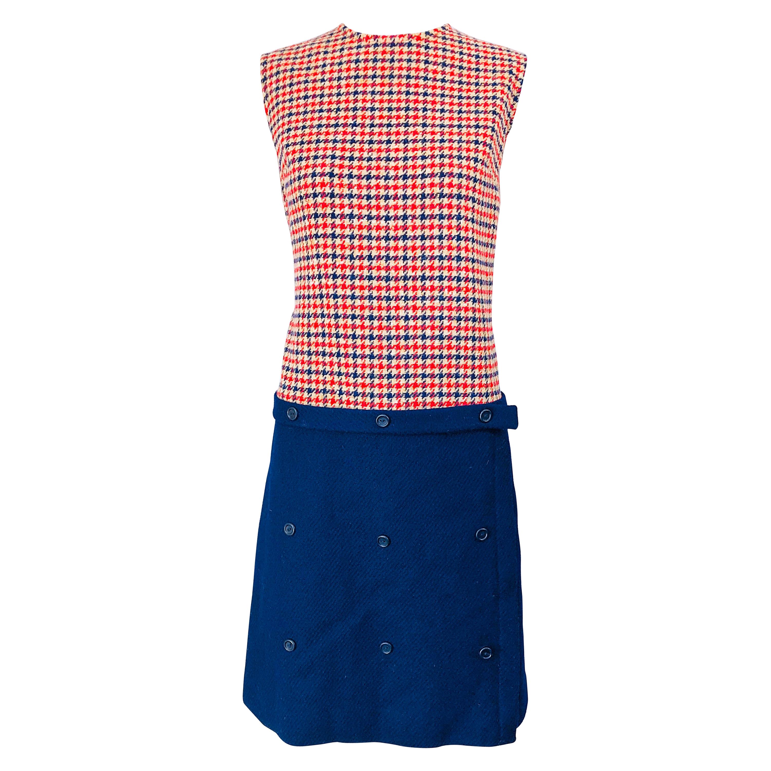 1960s Stanley Wyllins Navy Blue and Red Checkered Vintage 60s Wool Shift Dress For Sale