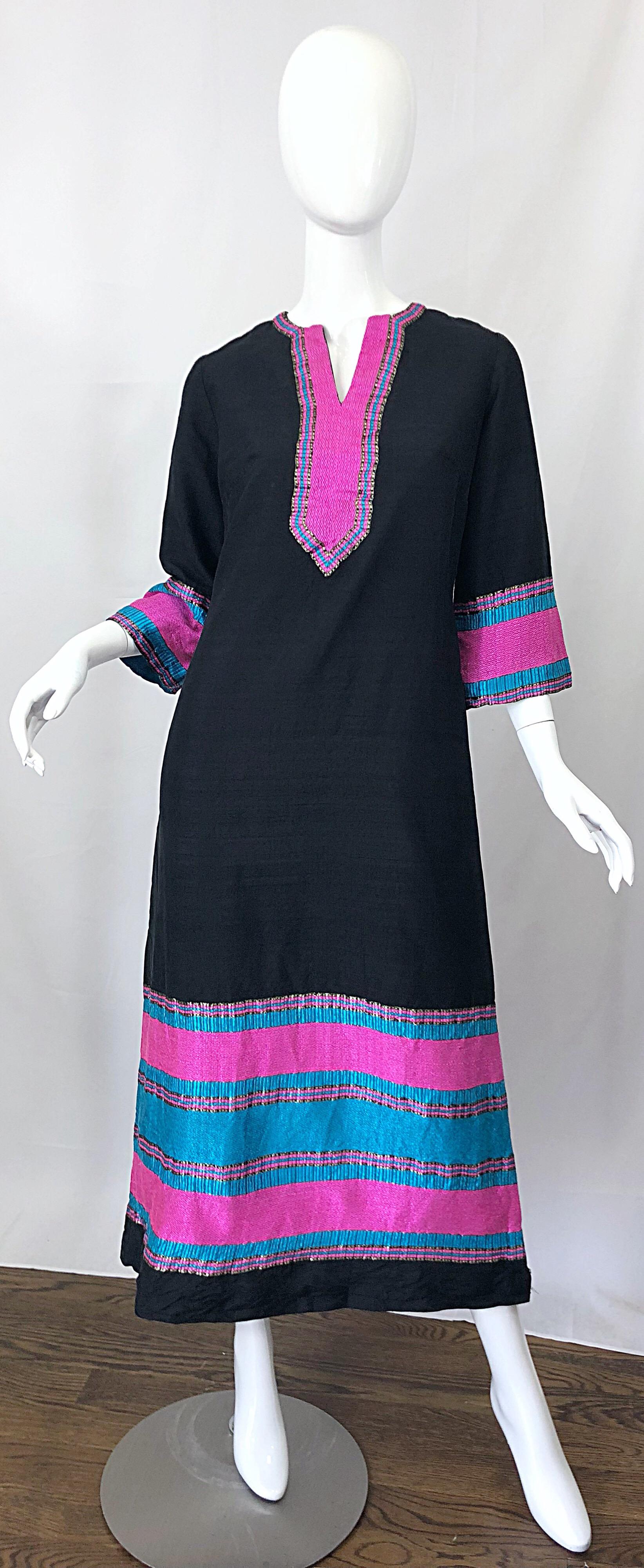 1960s STAR OF SIAM black, pink and turquoise blue Thai silk long sleeve caftan / maxi dress! Vibrant colors with stripes neck, each sleeve and the hem. Chic bell sleeves. Full metal zipper up the back with hook-and-eye closure. Vent at each side of