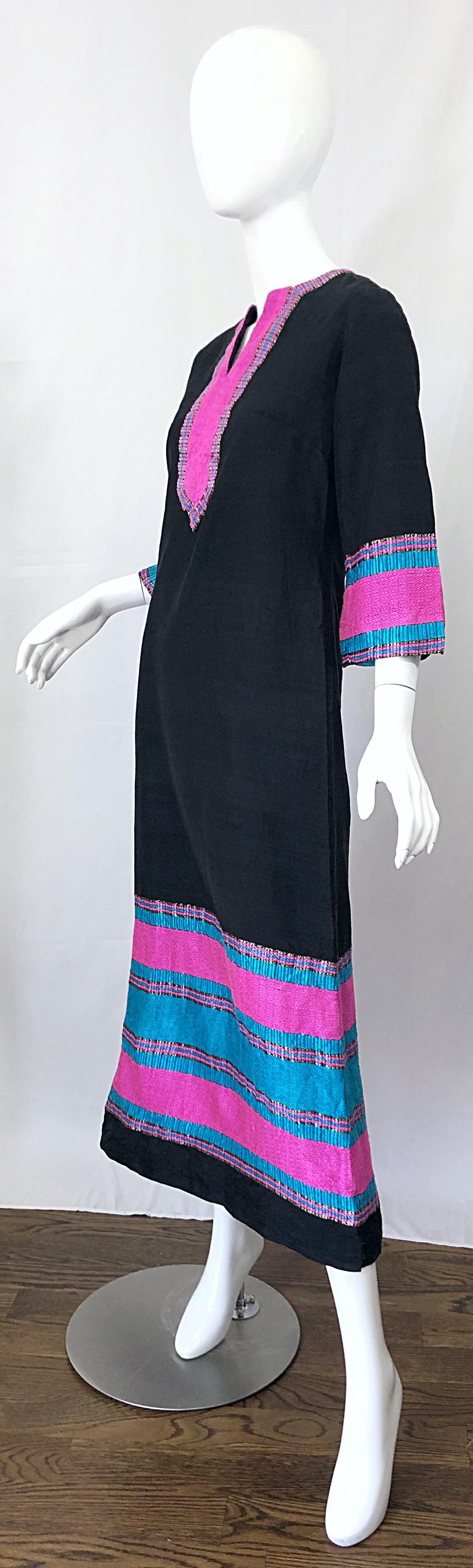 1960s Star of Siam Thai Silk Black Pink Blue Striped Vintage Caftan Maxi Dress  In Excellent Condition For Sale In San Diego, CA