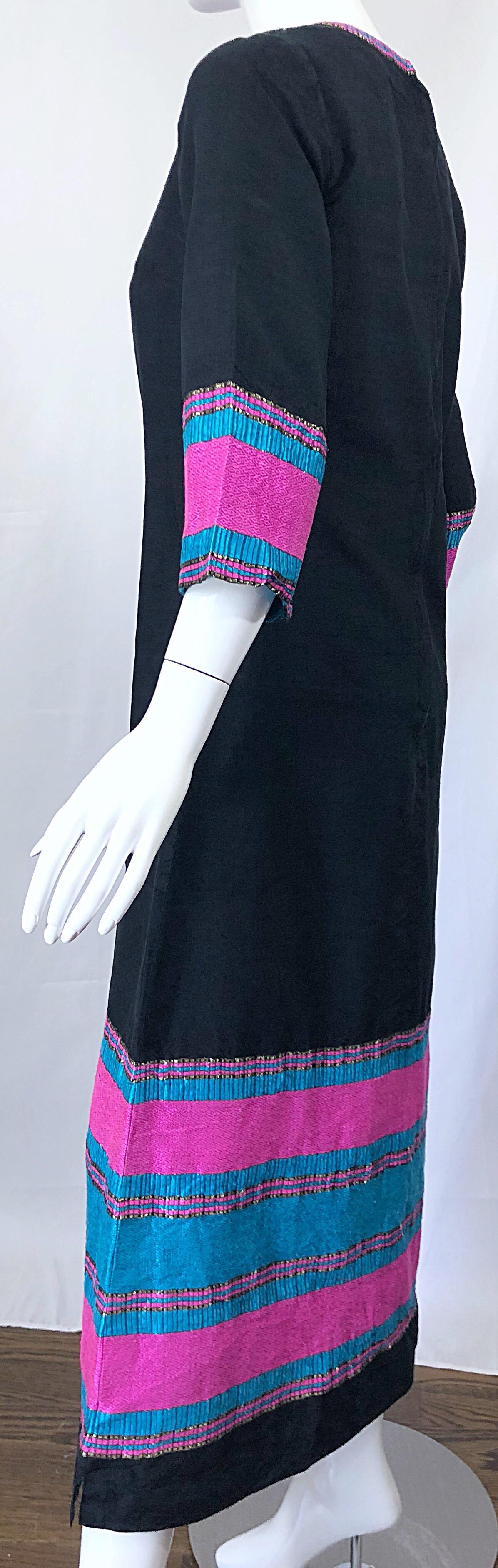 1960s Star of Siam Thai Silk Black Pink Blue Striped Vintage Caftan Maxi Dress 1