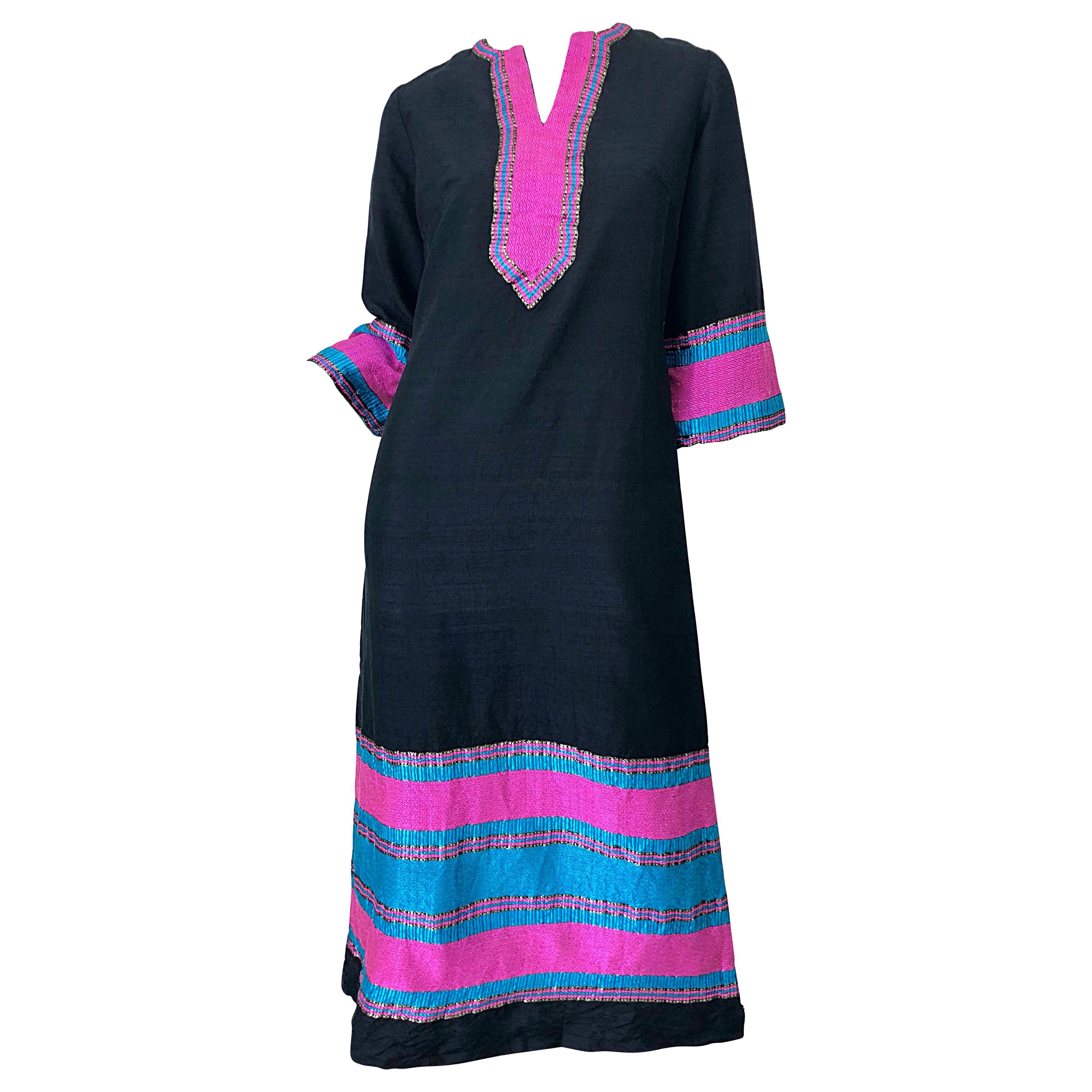 1960s Star of Siam Thai Silk Black Pink Blue Striped Vintage Caftan Maxi Dress  For Sale