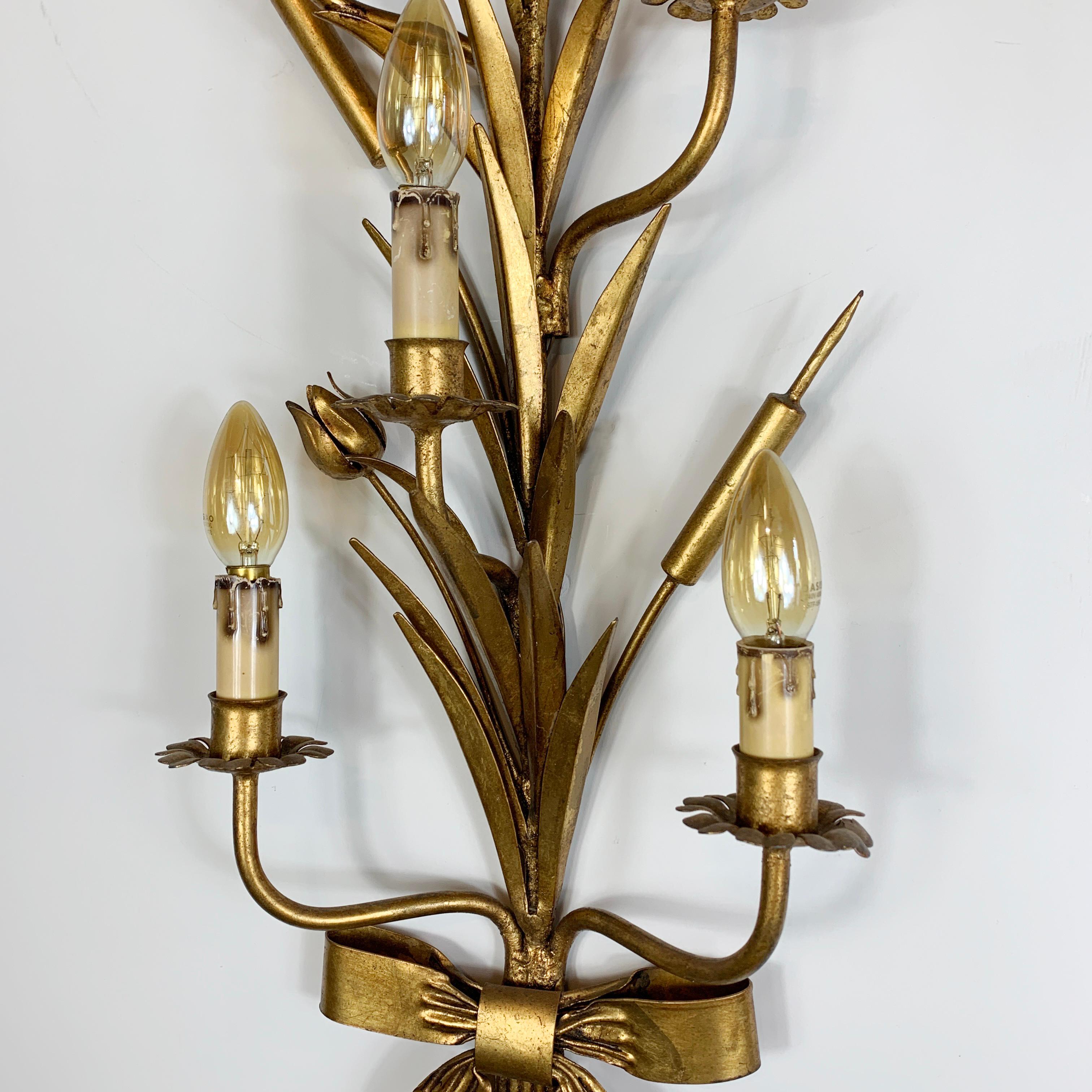 1960's Statement French Gold Bulrush Wall Sconce For Sale 2