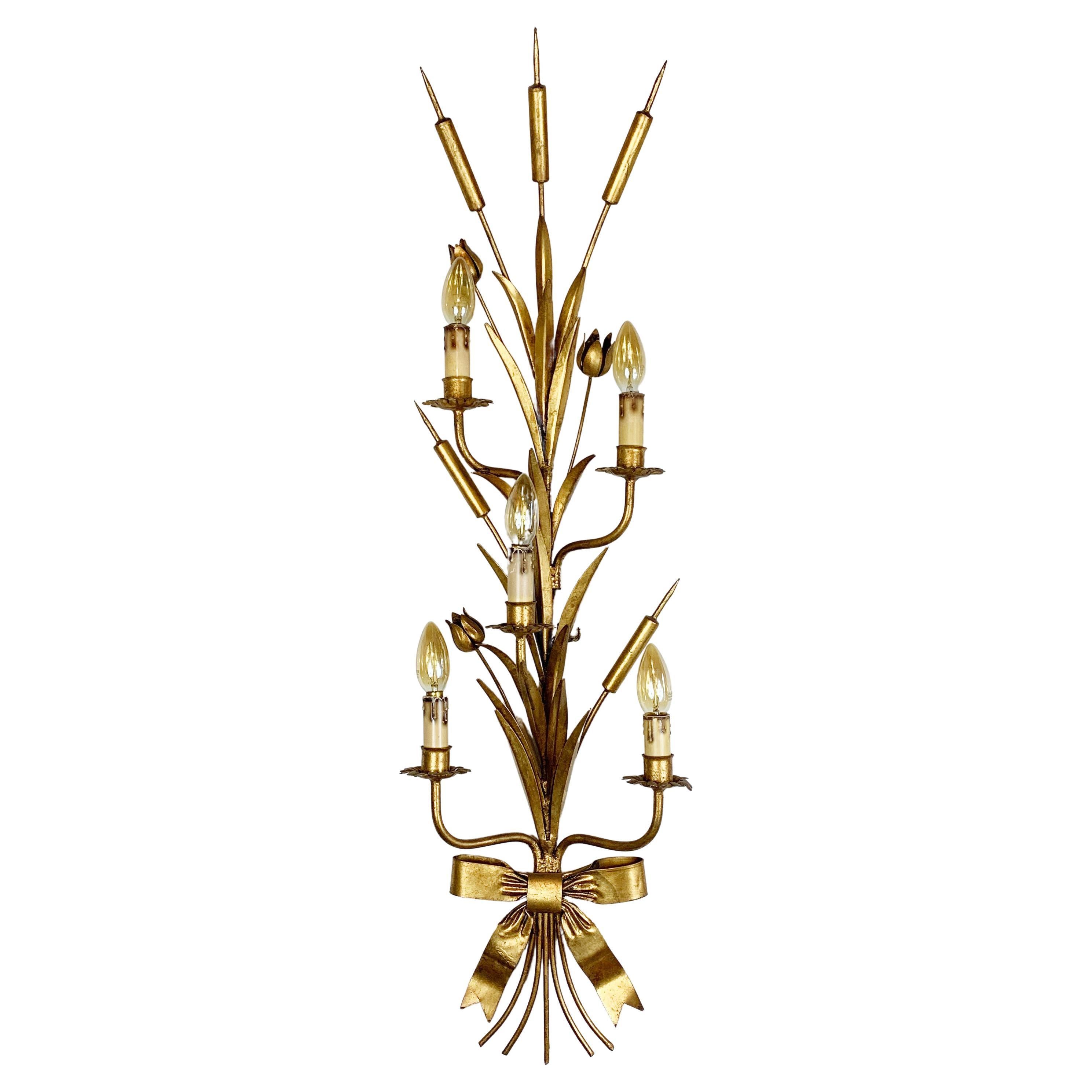 1960's Statement French Gold Bulrush Wall Sconce For Sale
