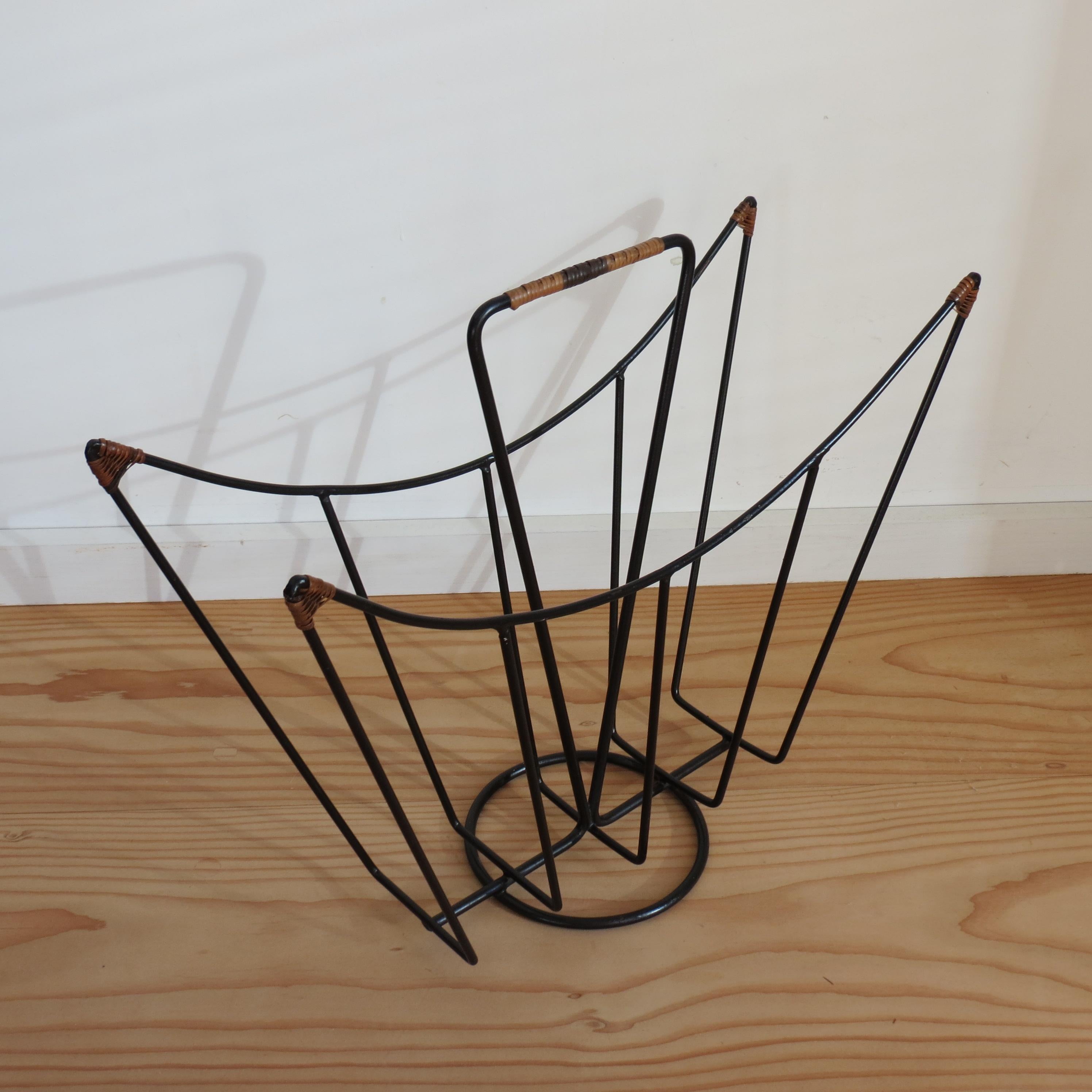 1960s Steel and Rattan Magazine Rack By Desmond Sawyer For Sale at 1stDibs