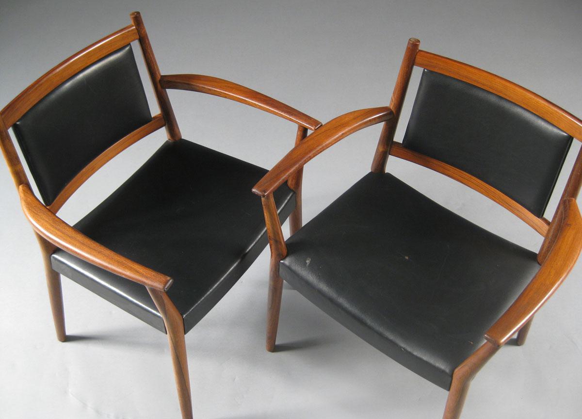 Danish 1960s Steffen Syrach-Larsen 4 Solid Wood Armchairs, Patinated Leather Upholstery For Sale