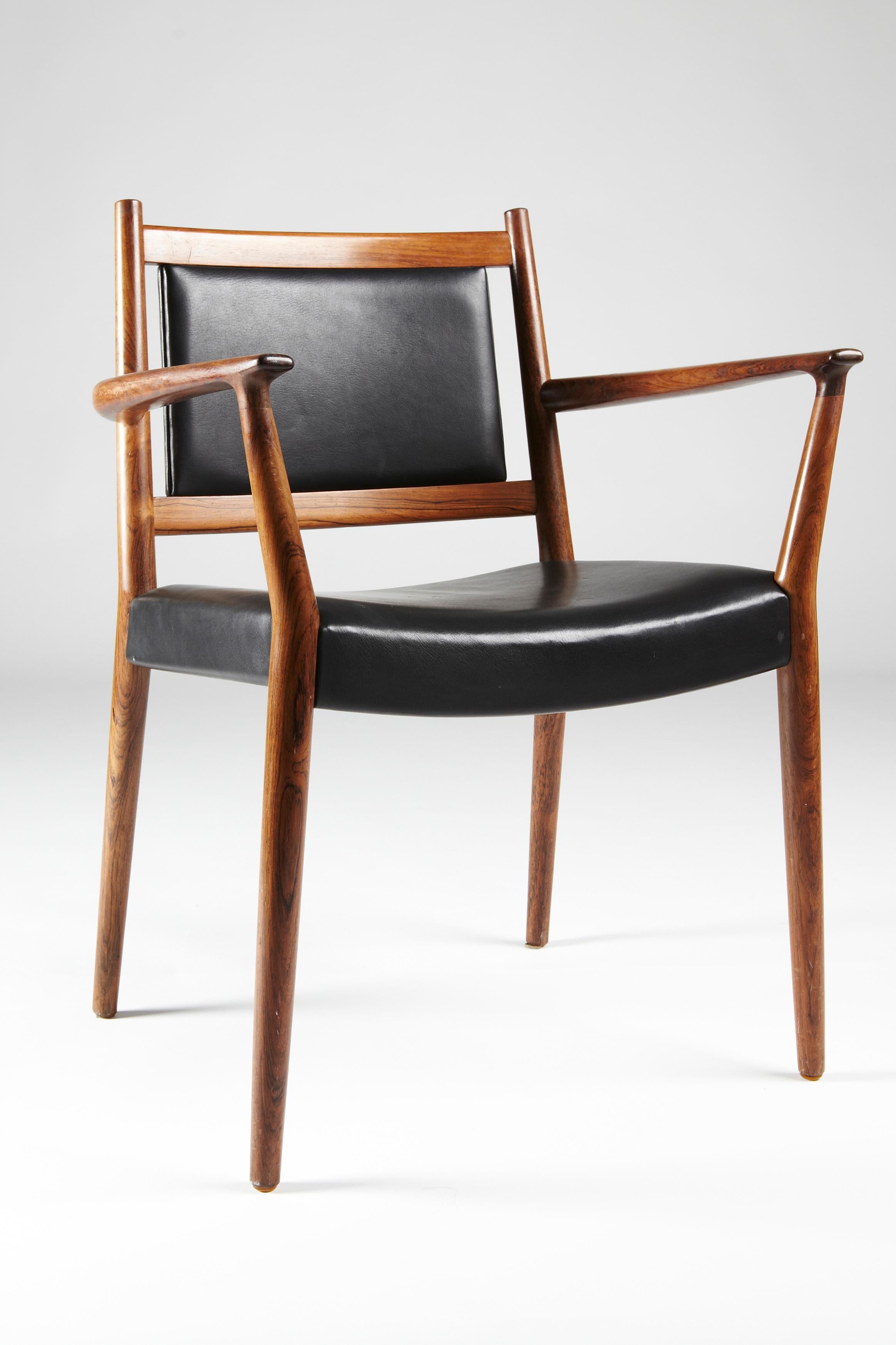 Hardwood 1960s Steffen Syrach-Larsen 4 Solid Wood Armchairs, Patinated Leather Upholstery For Sale