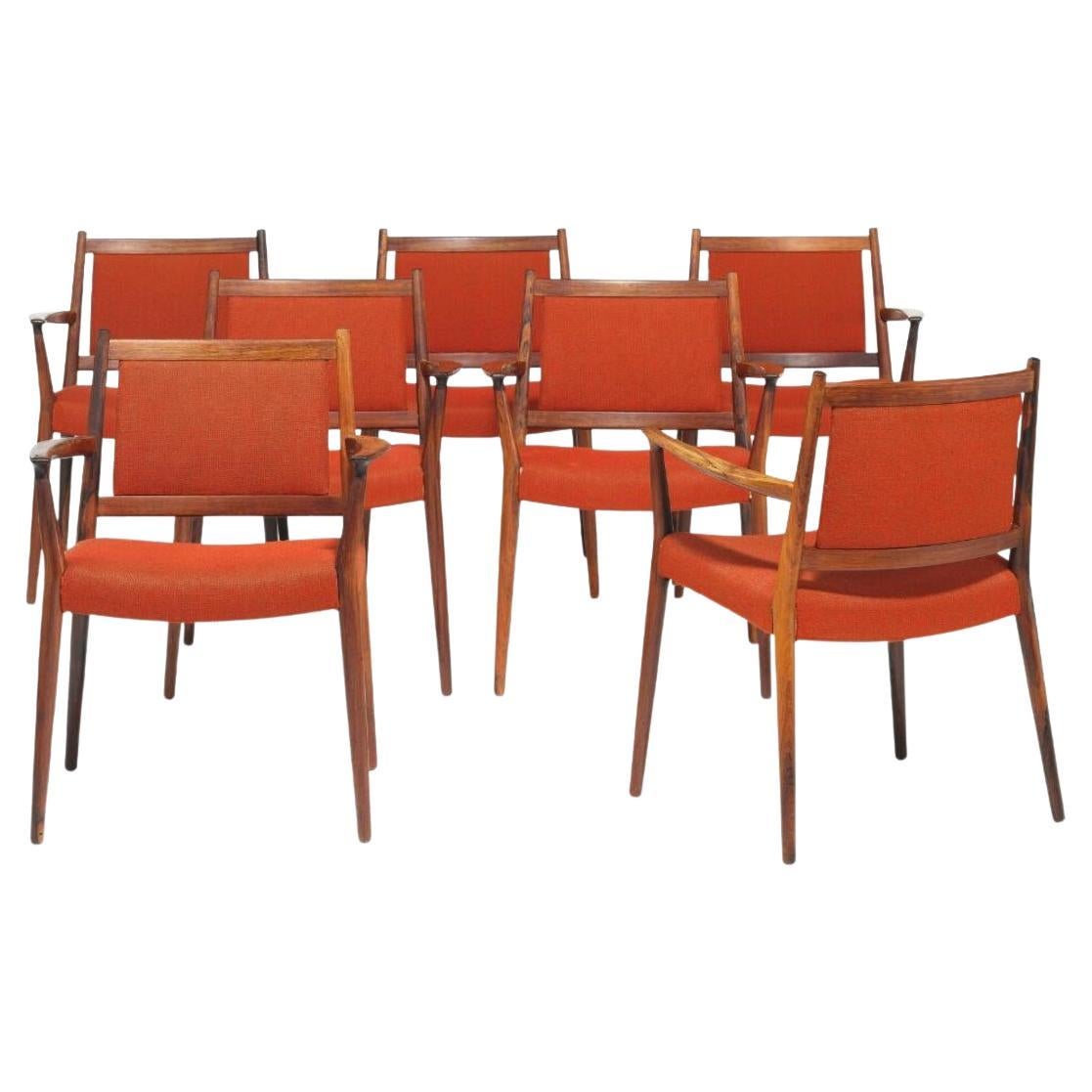 1960s Steffen Syrach-Larsen, 7 Solid Wood Carver Chairs, Red Wool Upholstery