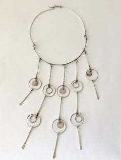 1960s Sterling Silver Mexican Modernist Kinetic Fringe Bib Necklace