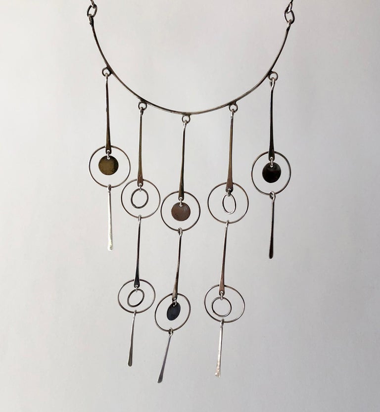 Women's 1960s Sterling Silver Mexican Modernist Kinetic Fringe Bib Necklace For Sale
