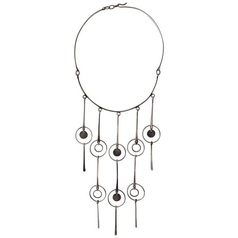 1960s Sterling Silver Mexican Modernist Kinetic Fringe Bib Necklace For Sale