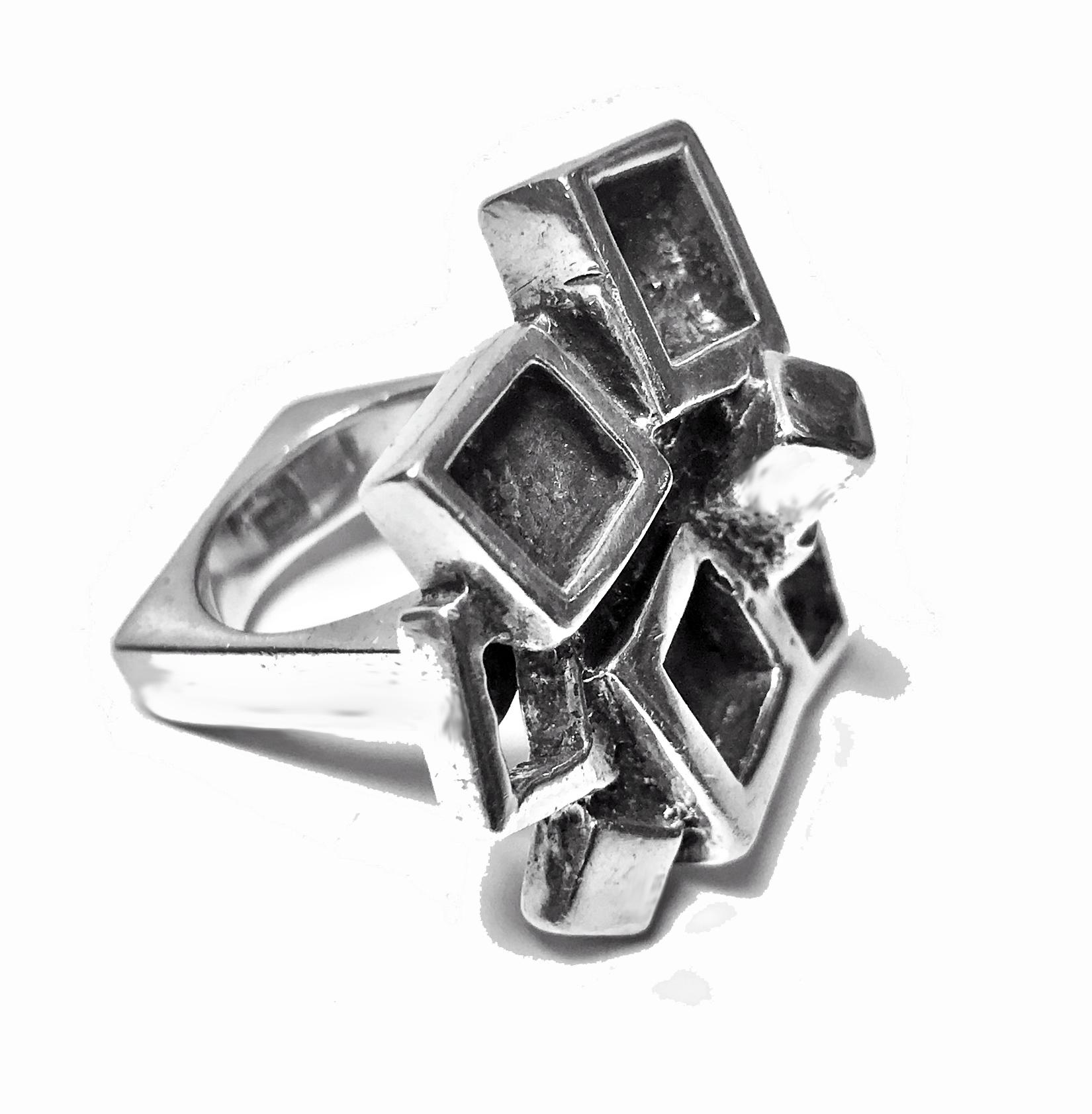 1960's Sterling Silver Modernist Brutalist Ring. Square comfort shank. Size7.5. Top maximum dimensions 3.25 x 3.0 cm. Item Weight: 35.31 grams.
