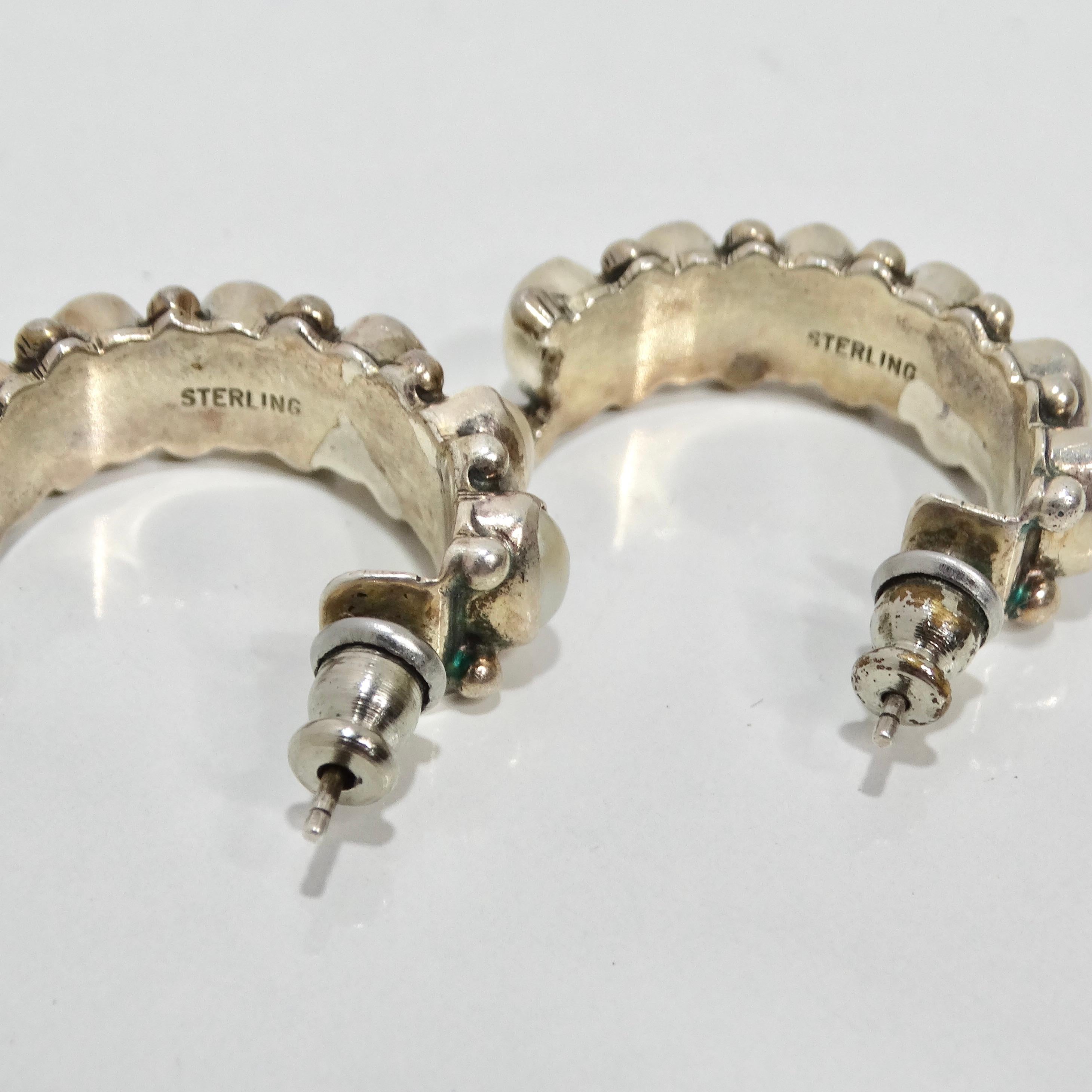 1960s Sterling Silver Pearl Hoop Earrings For Sale 5