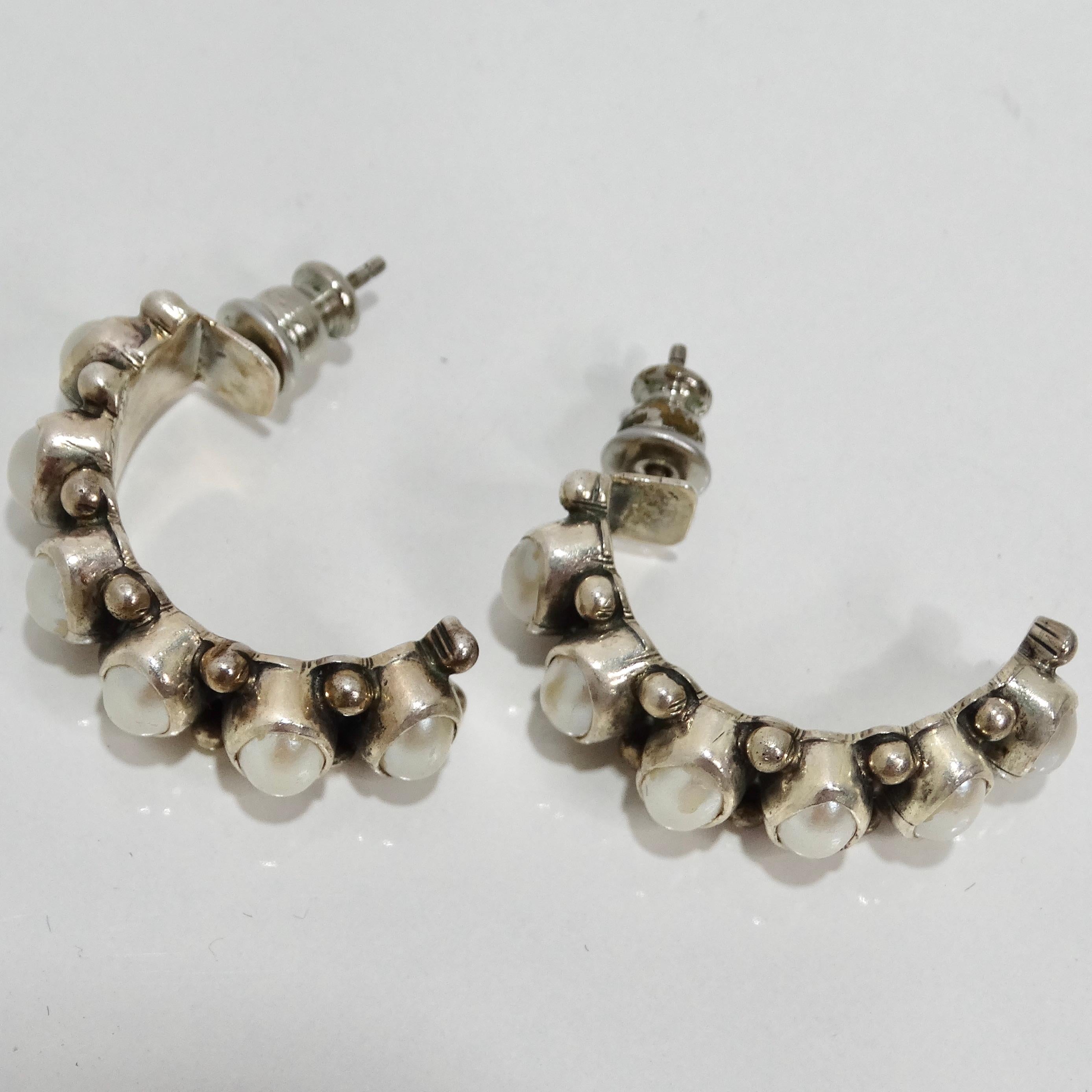 1960s Sterling Silver Pearl Hoop Earrings For Sale 7