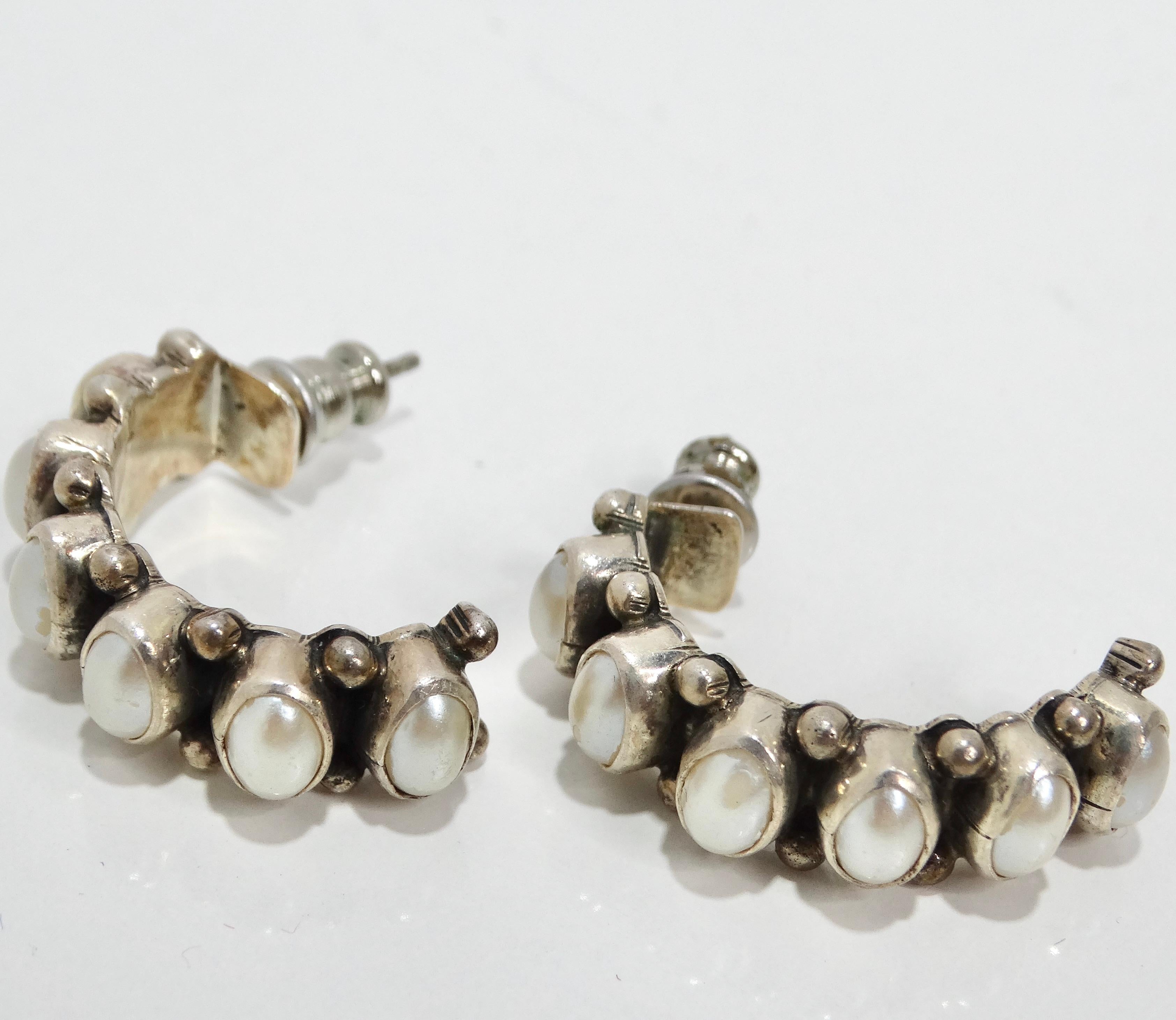 1960s Sterling Silver Pearl Hoop Earrings For Sale 8