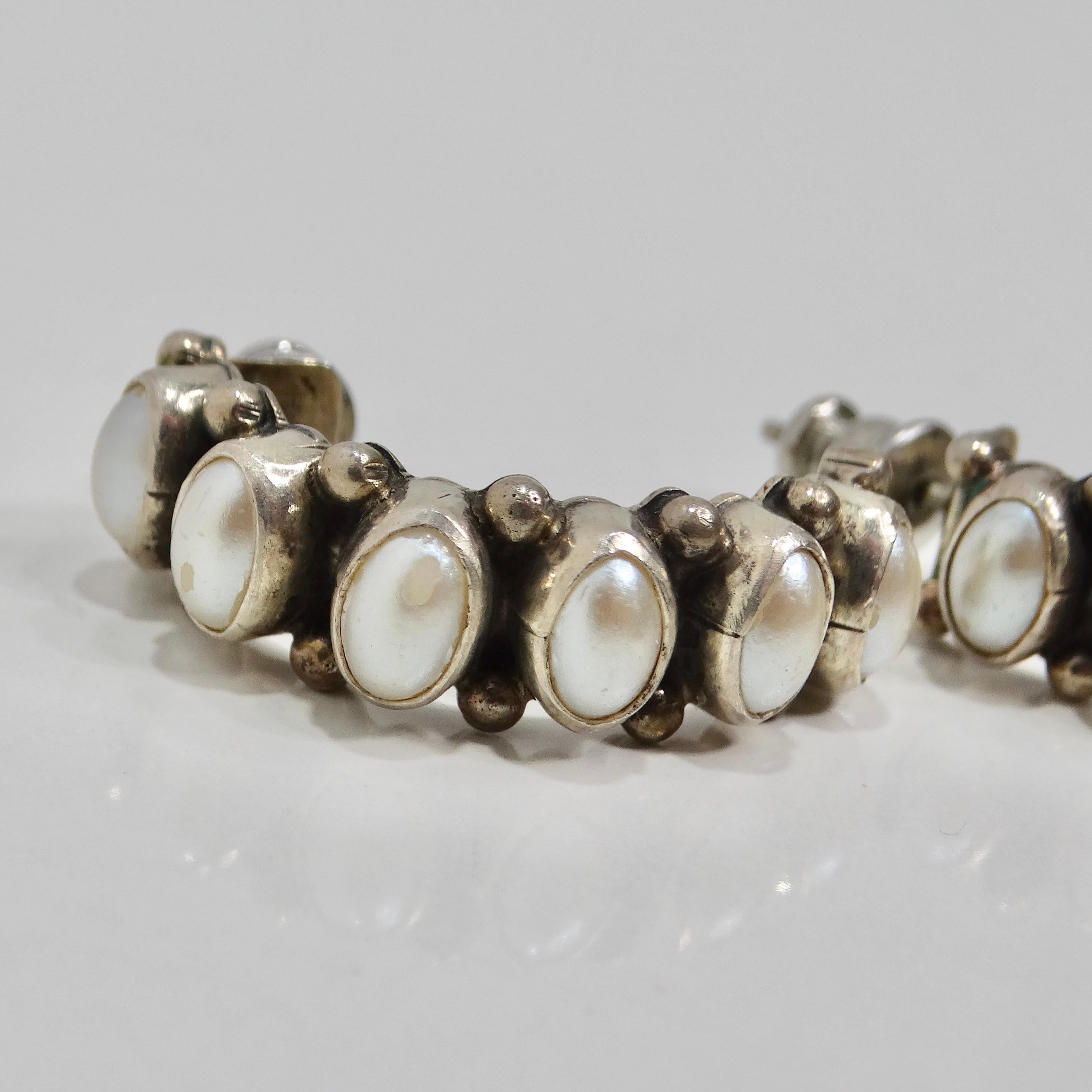 Oval Cut 1960s Sterling Silver Pearl Hoop Earrings For Sale