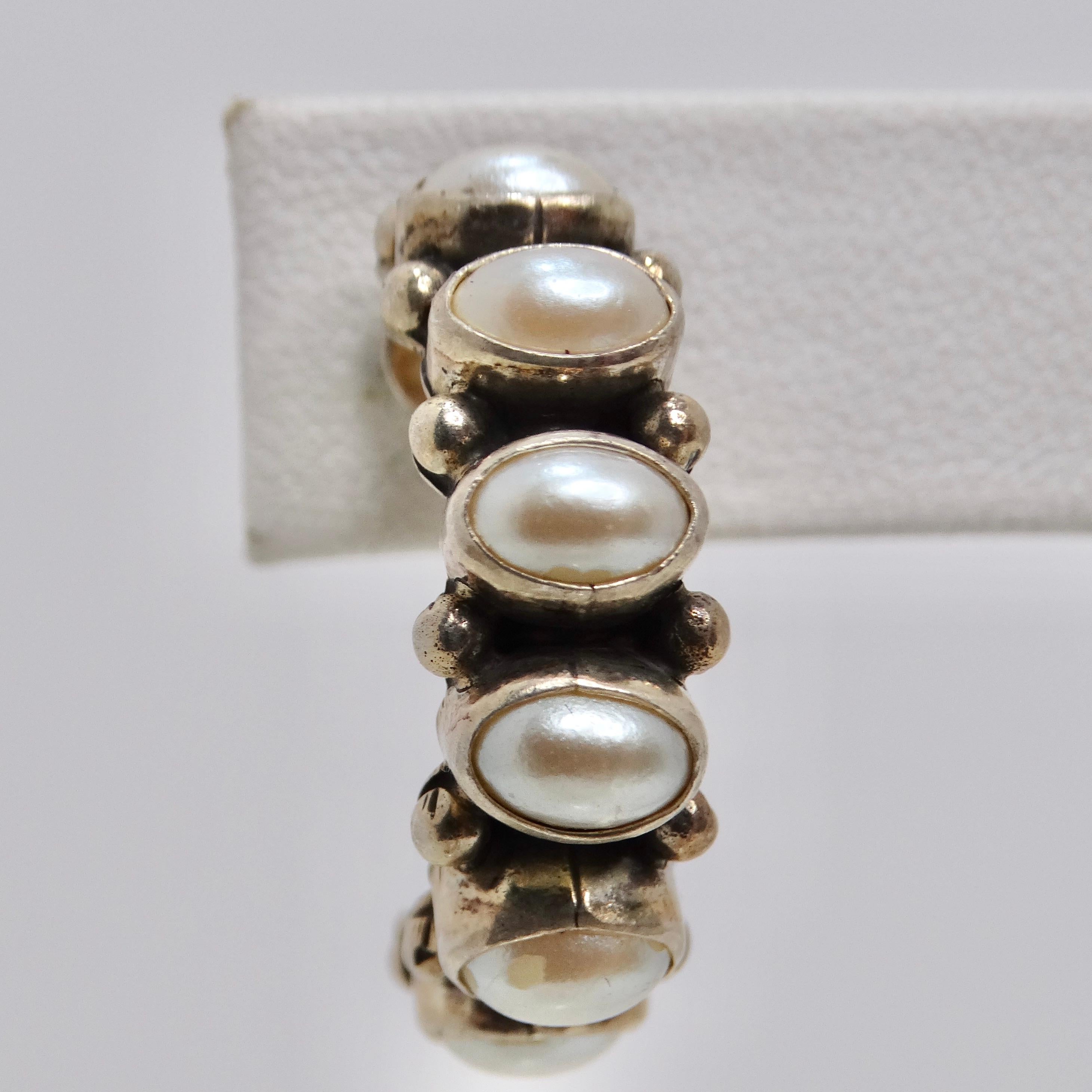 Women's or Men's 1960s Sterling Silver Pearl Hoop Earrings For Sale