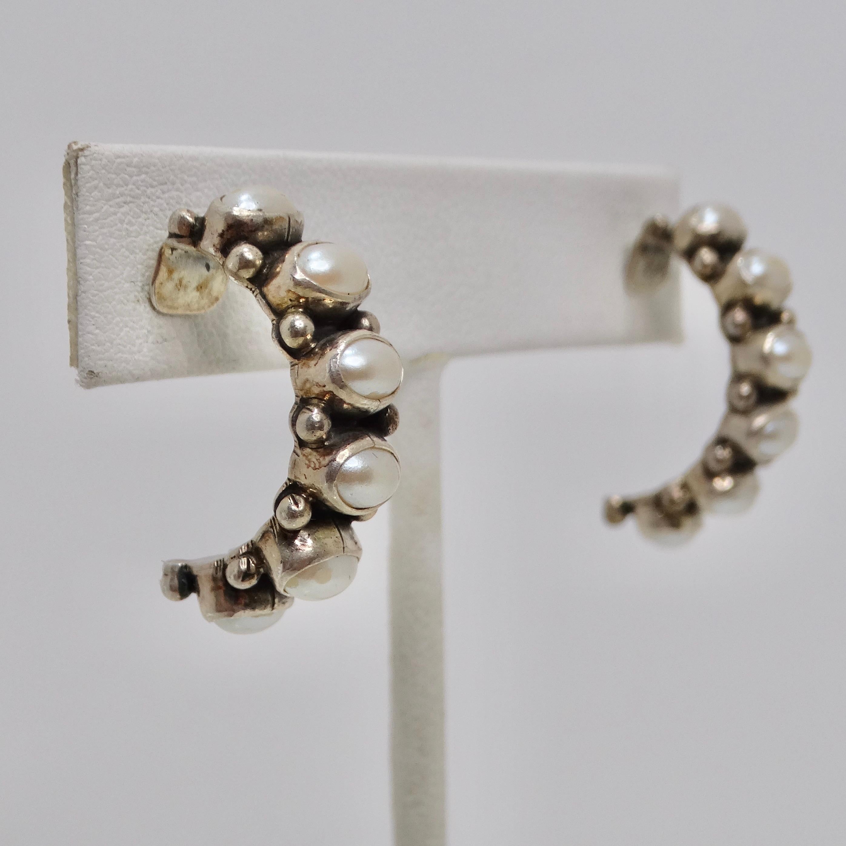 1960s Sterling Silver Pearl Hoop Earrings For Sale 1