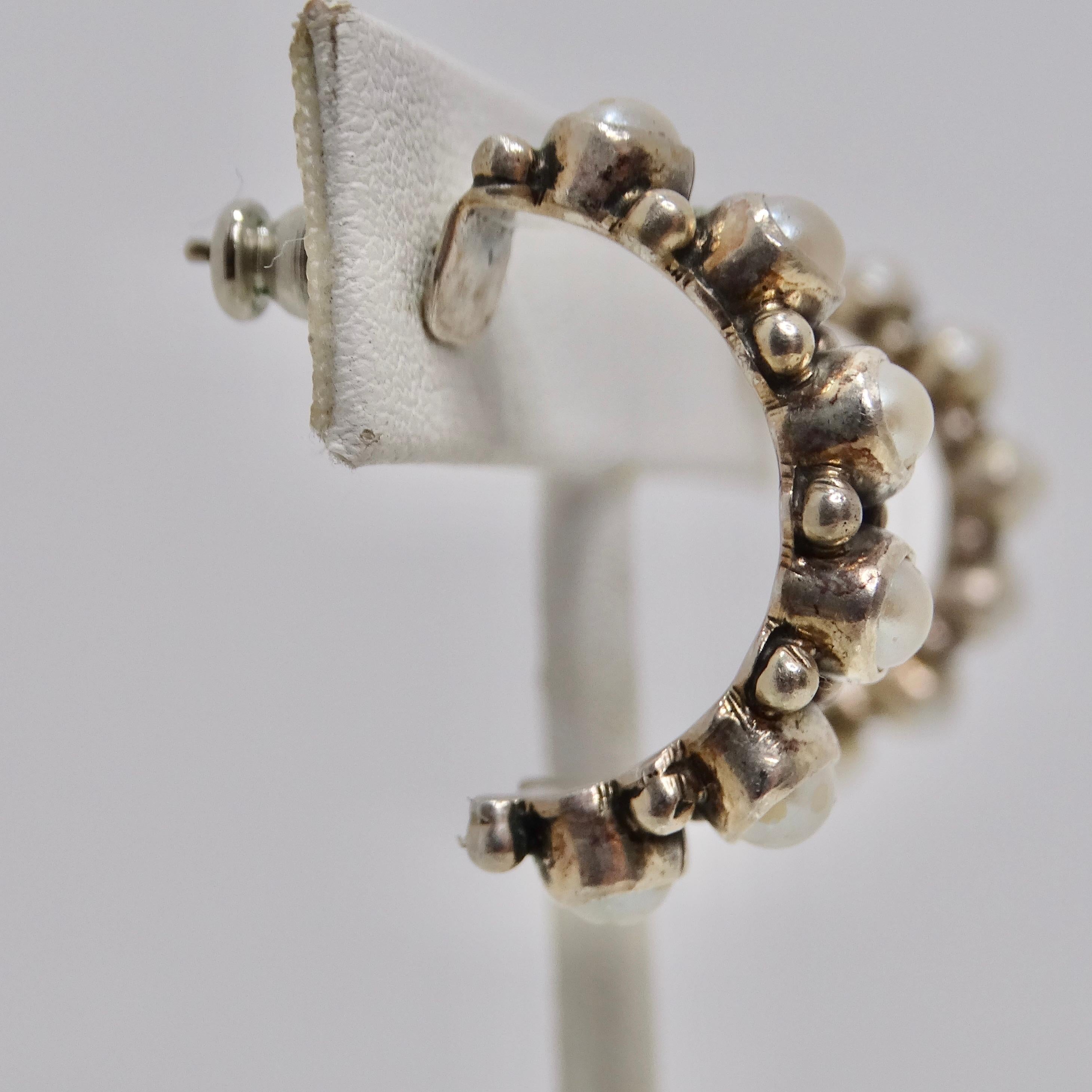 1960s Sterling Silver Pearl Hoop Earrings For Sale 2