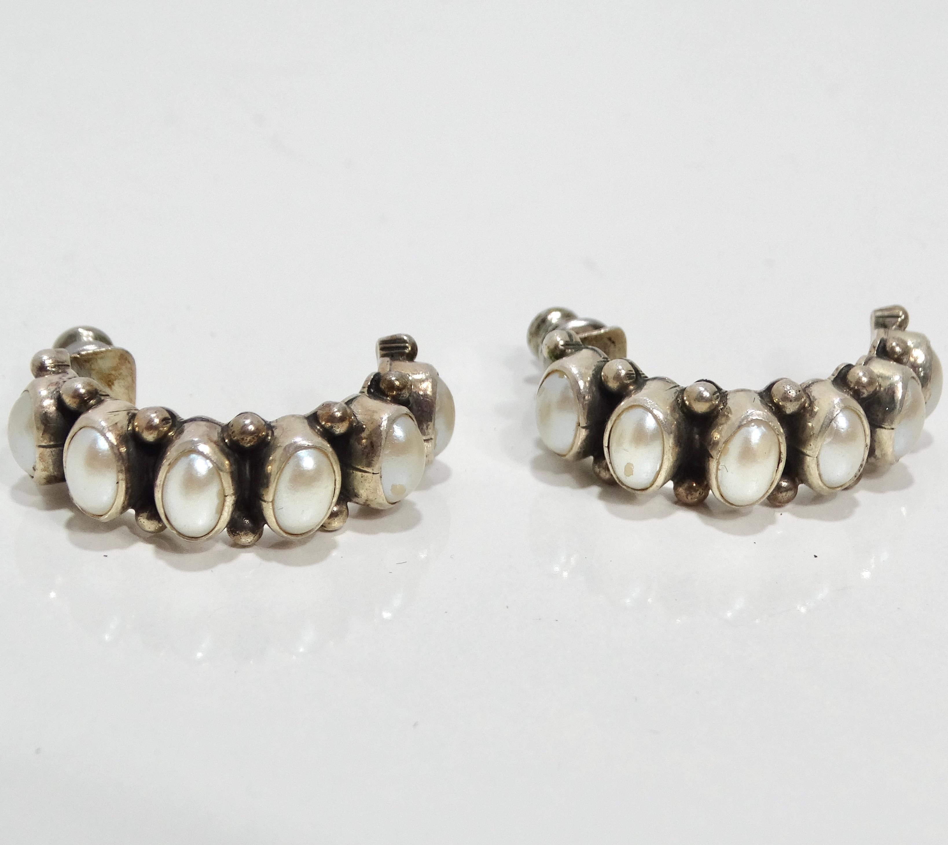1960s Sterling Silver Pearl Hoop Earrings For Sale 4