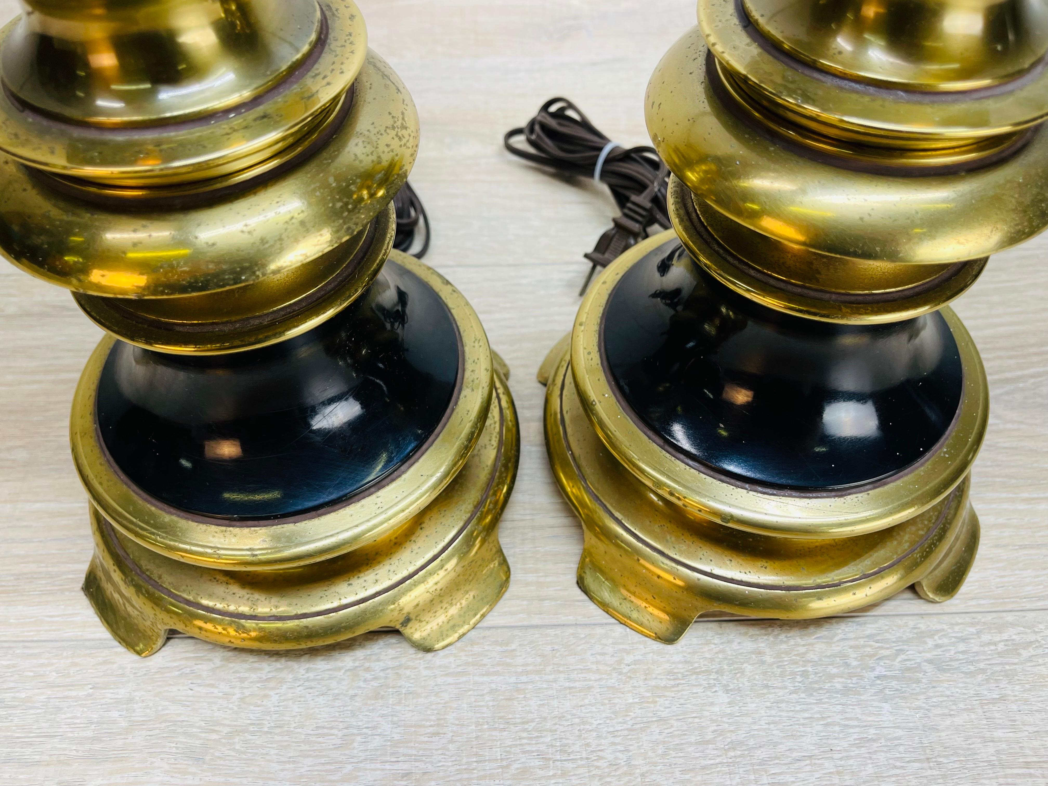 1960s Stiffel Brass & Black Metal Table Lamps, Pair In Good Condition For Sale In Amherst, NH