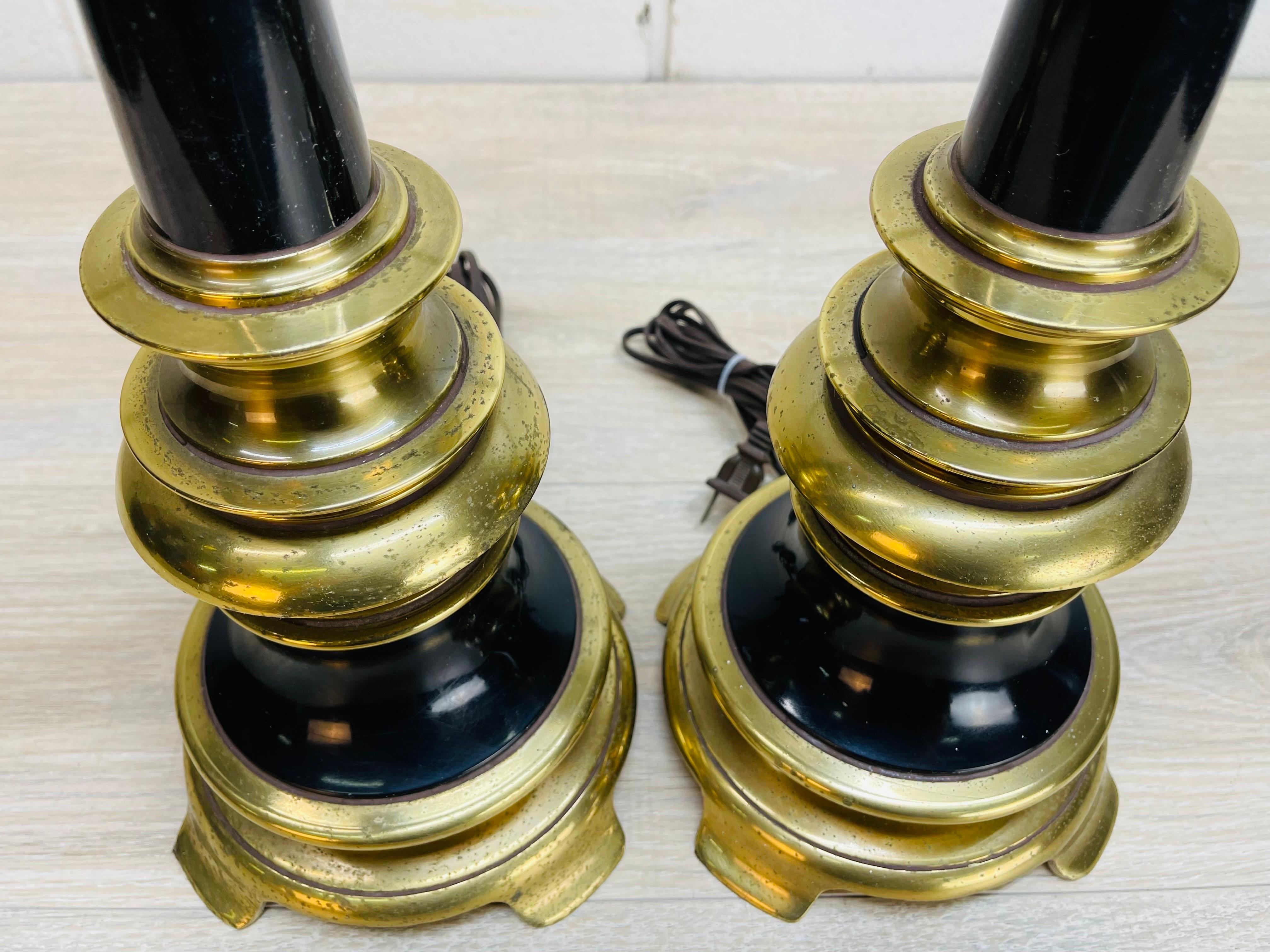 20th Century 1960s Stiffel Brass & Black Metal Table Lamps, Pair For Sale