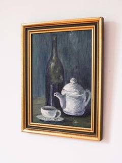 1960s Still Life Oil Painting with Bottle, Cup, and Teapot, French Mid-Century