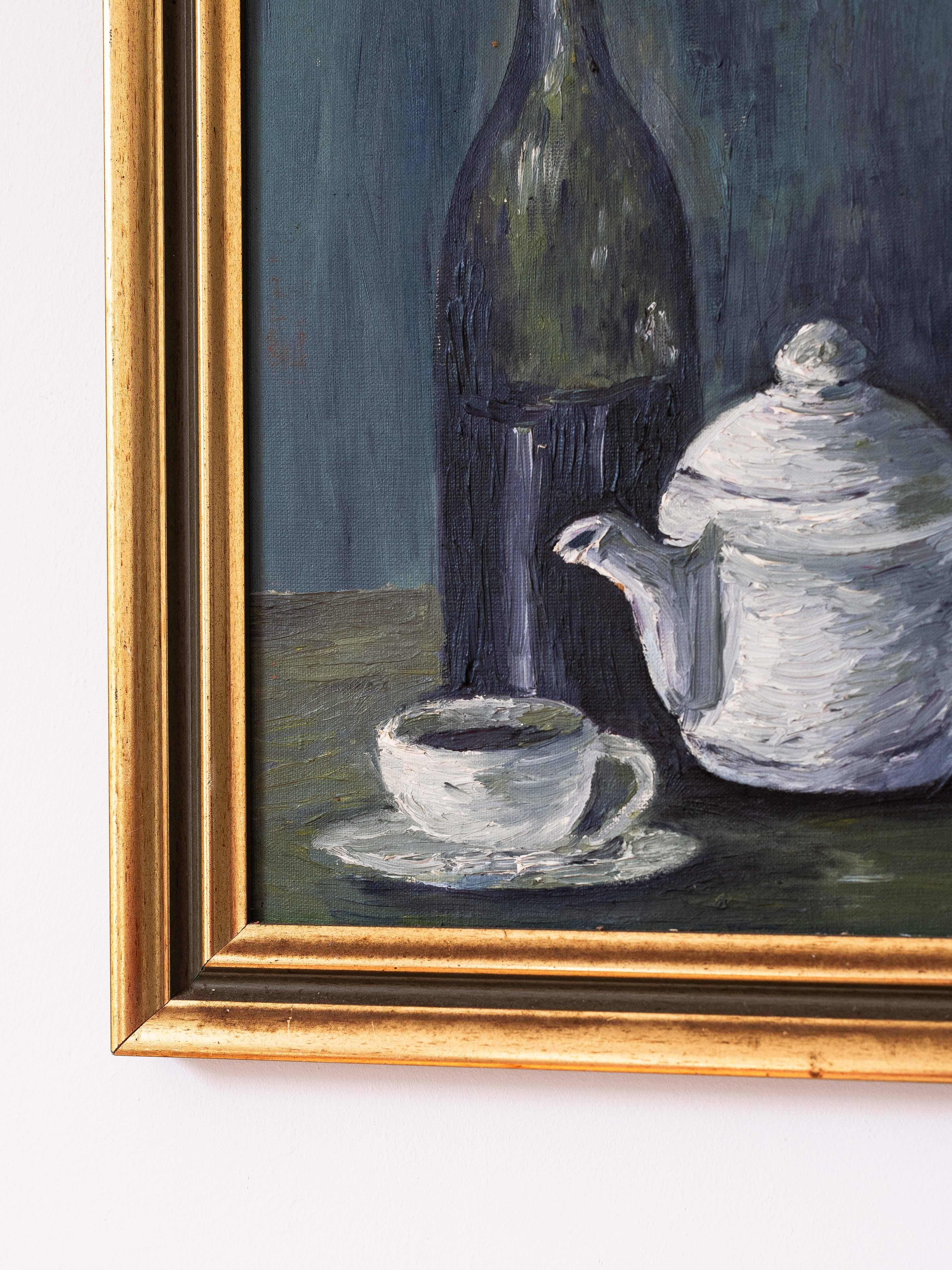 Modern 1960s Still Life Oil Painting with Bottle, Cup, and Teapot, French Mid-Century For Sale