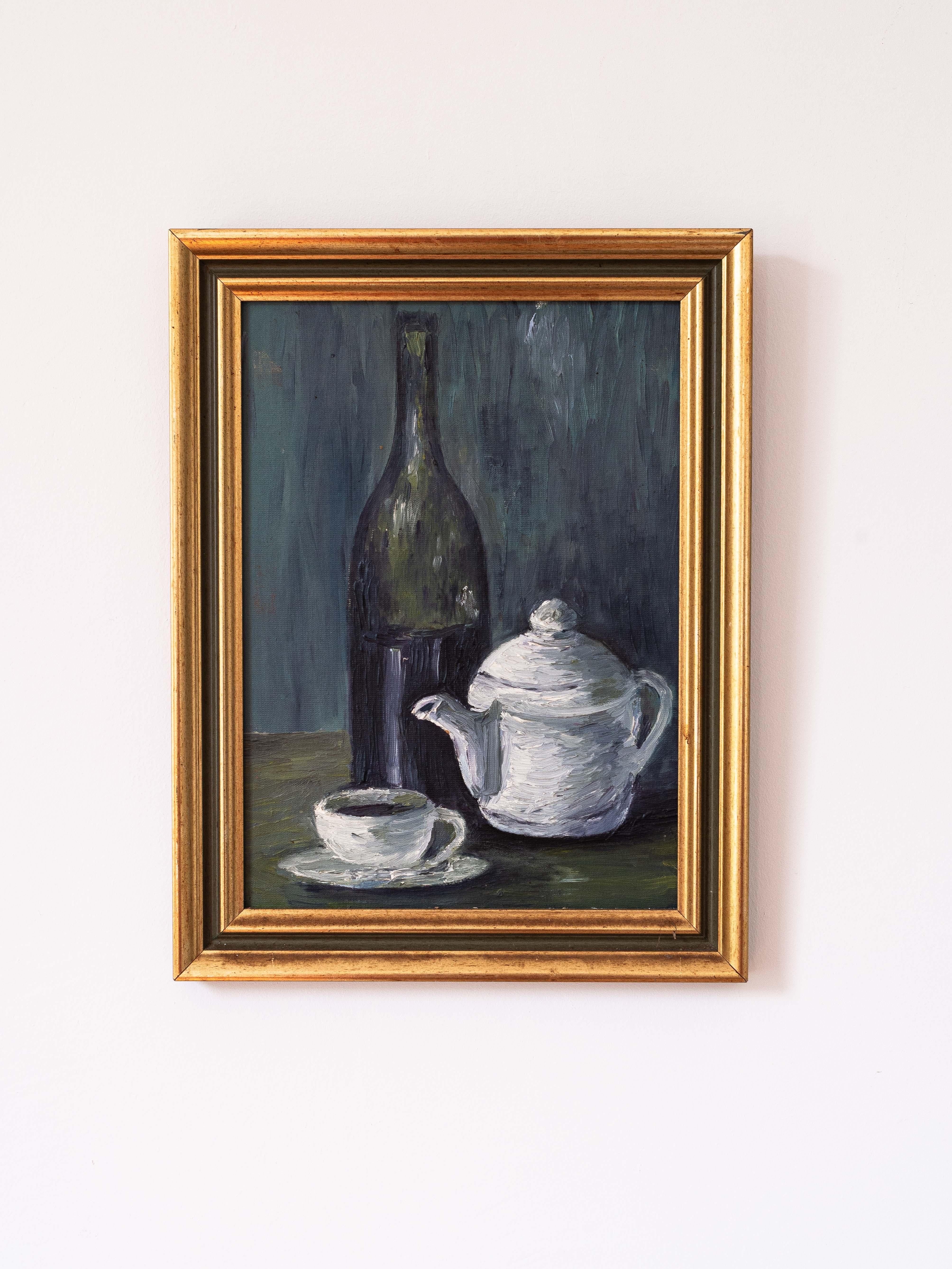 Painted 1960s Still Life Oil Painting with Bottle, Cup, and Teapot, French Mid-Century For Sale