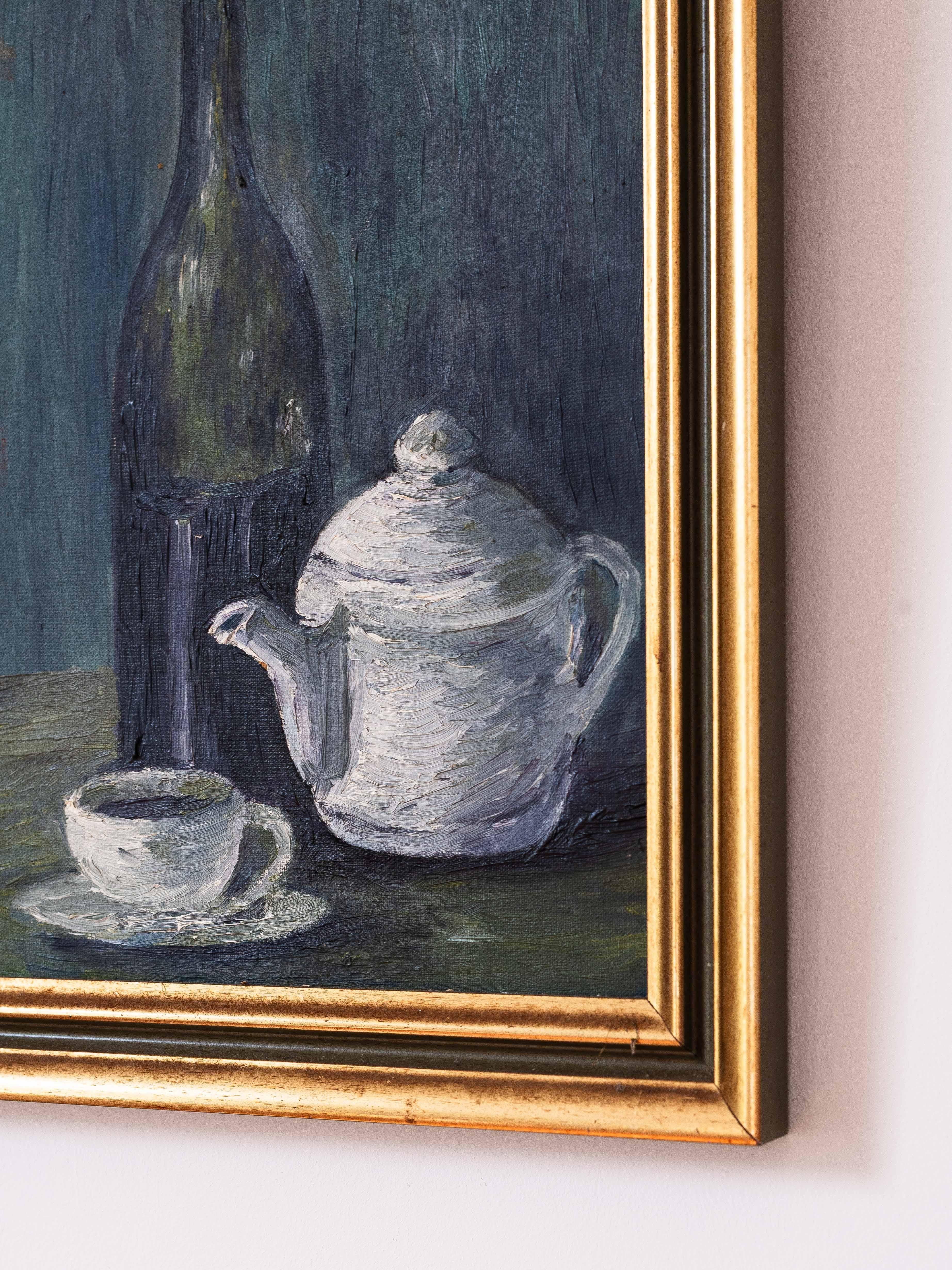 20th Century 1960s Still Life Oil Painting with Bottle, Cup, and Teapot, French Mid-Century For Sale