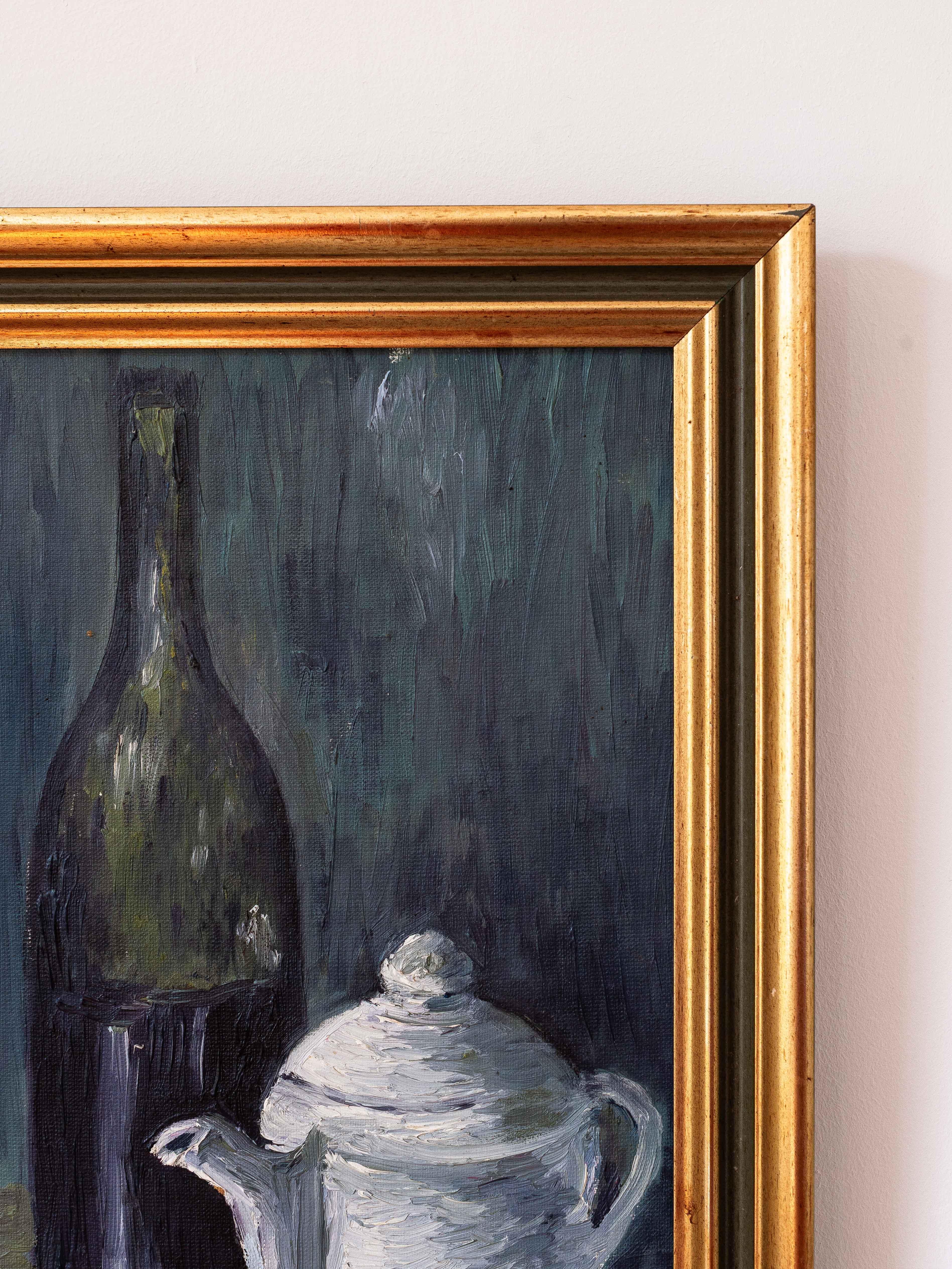 Giltwood 1960s Still Life Oil Painting with Bottle, Cup, and Teapot, French Mid-Century For Sale