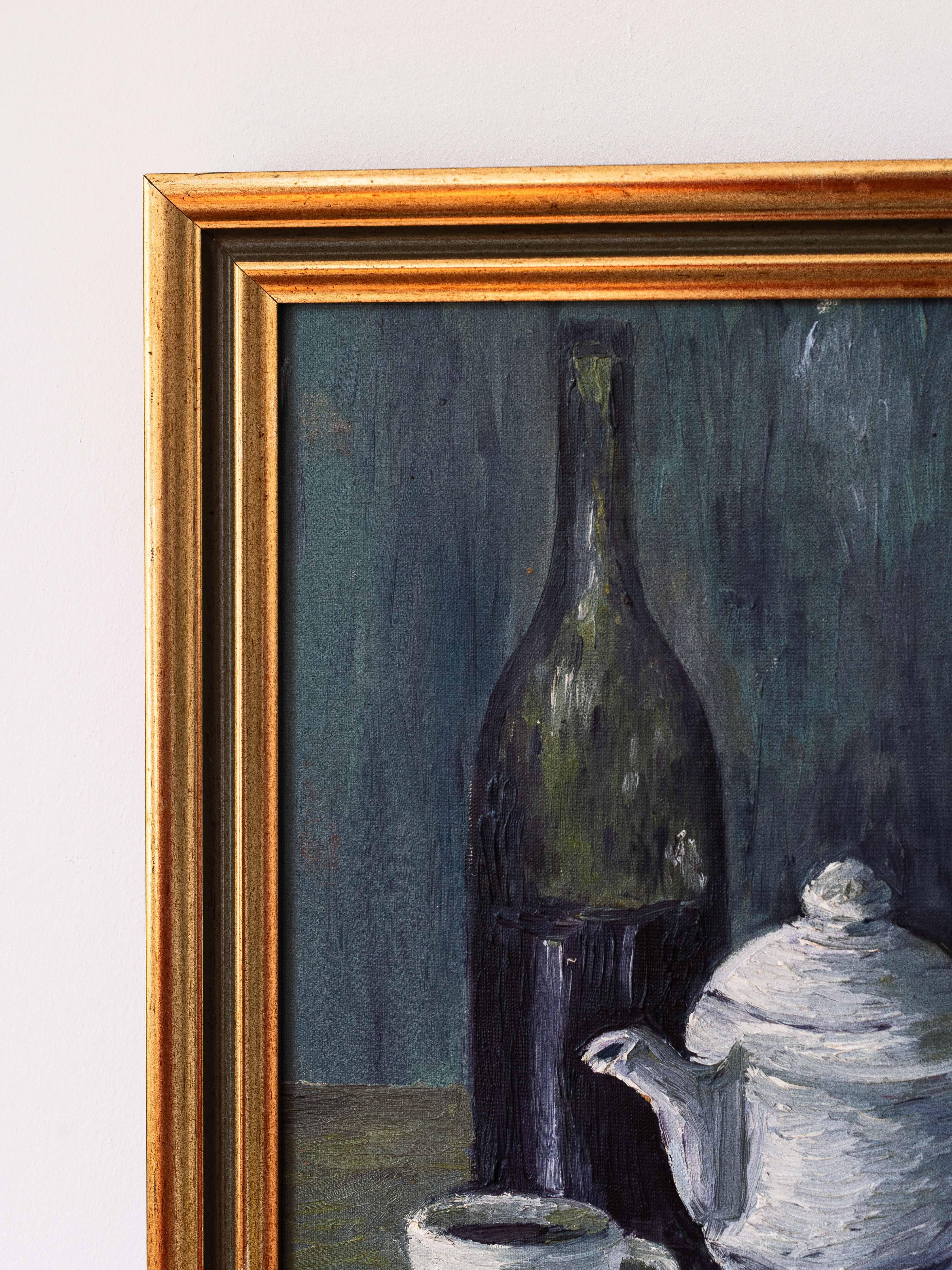 1960s Still Life Oil Painting with Bottle, Cup, and Teapot, French Mid-Century For Sale 1